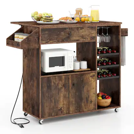 Front. Costway - Costway Drop Leaf Kitchen Island Cart with Power Outlet Mobile Buffet Storage Cart with Microwave Shelf - Brown.