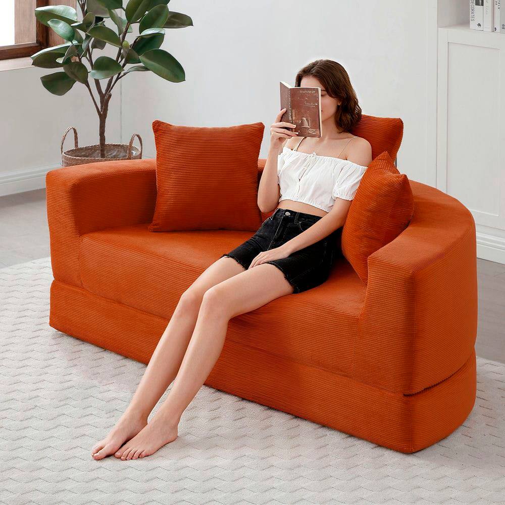 Angle. Kadyn - Convertible Sofa Bed, Multi-Functional Circular Futon Floor Lounge Sofa, No Assembly Corduroy Fabric - Orange.