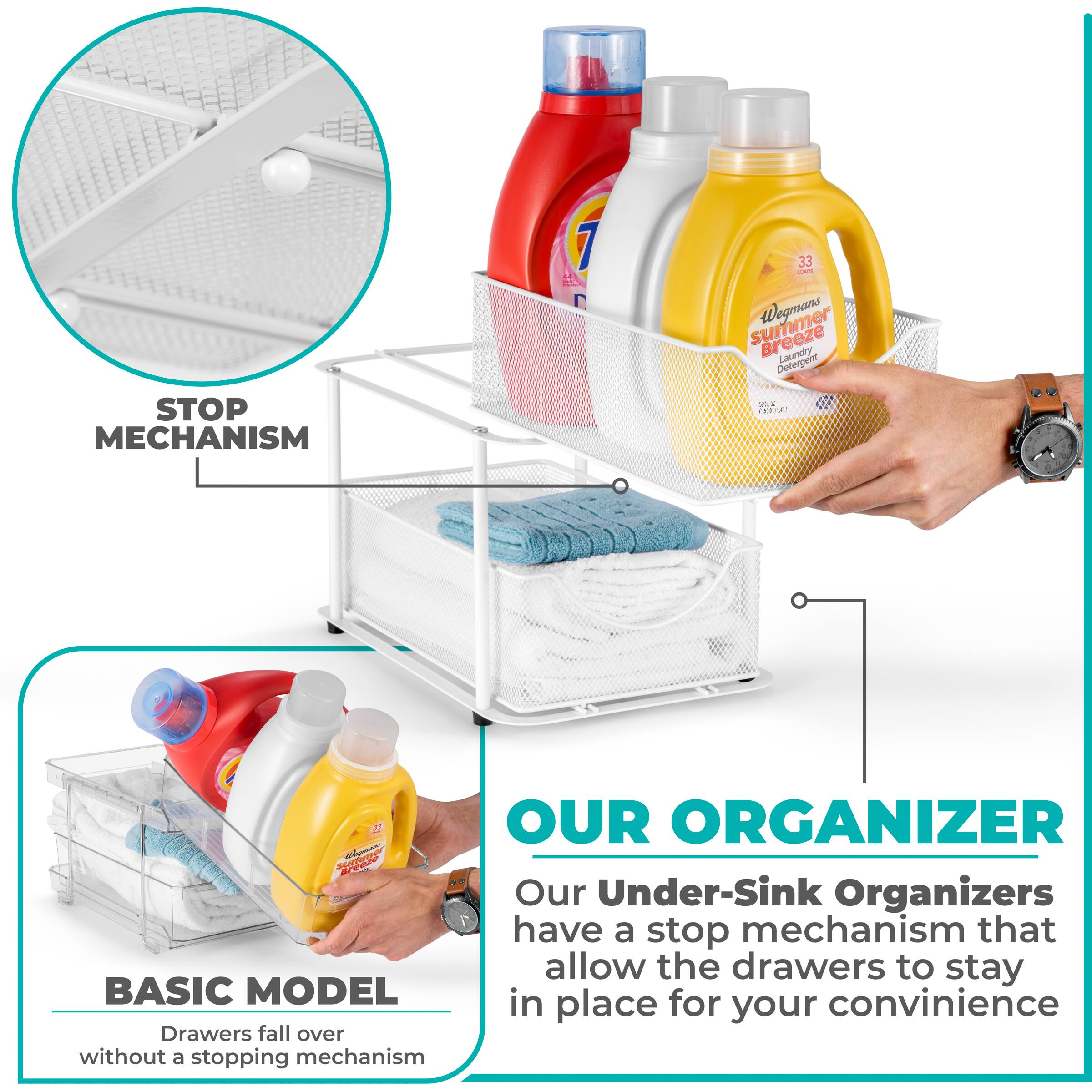 **STOP MECHANISM**
**OUR ORGANIZER**
Our Under-Sink Organizers have a stop mechanism that allow the drawers to stay in place for your convenience
**BASIC MODEL**
Drawers fall over without a stopping mechanism