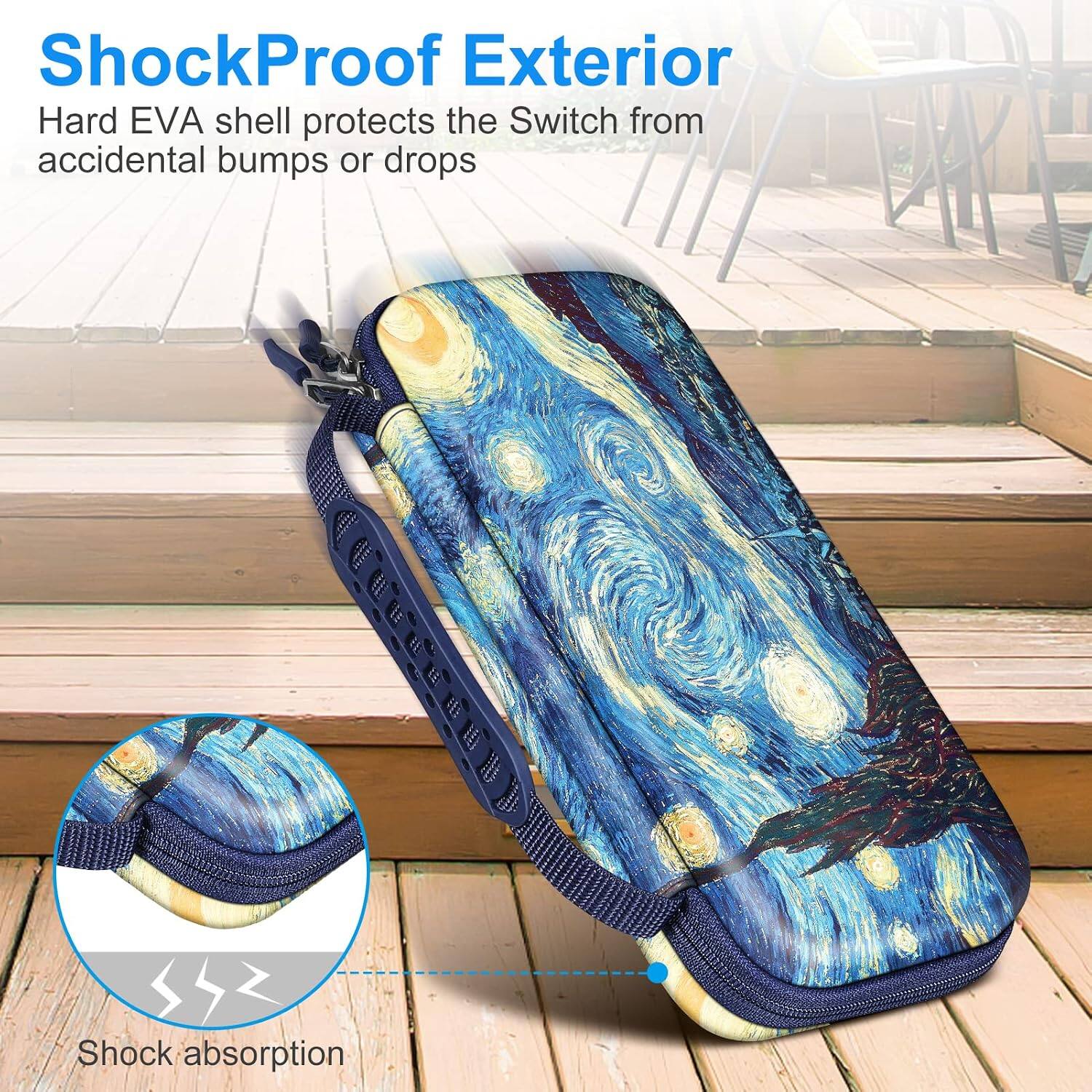 ShockProof Exterior  
Hard EVA shell protects the Switch from accidental bumps or drops  
Shock absorption