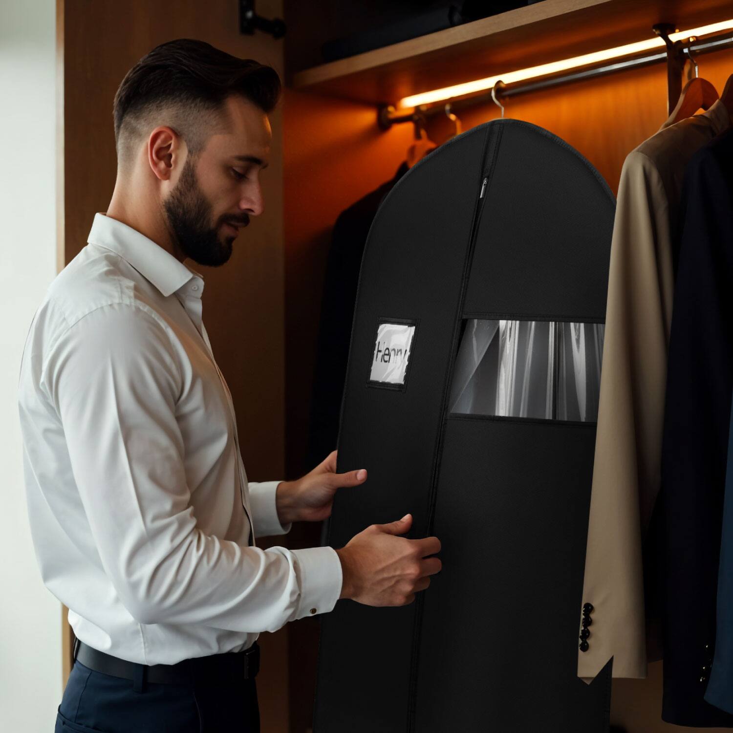 Left. Mber - 5-Pack 40" Garment Bags For Travel, Slim Zipper Suit Bag Travel, Garment Bags For Hanging Clothes with Clear Slot, Black - Black.