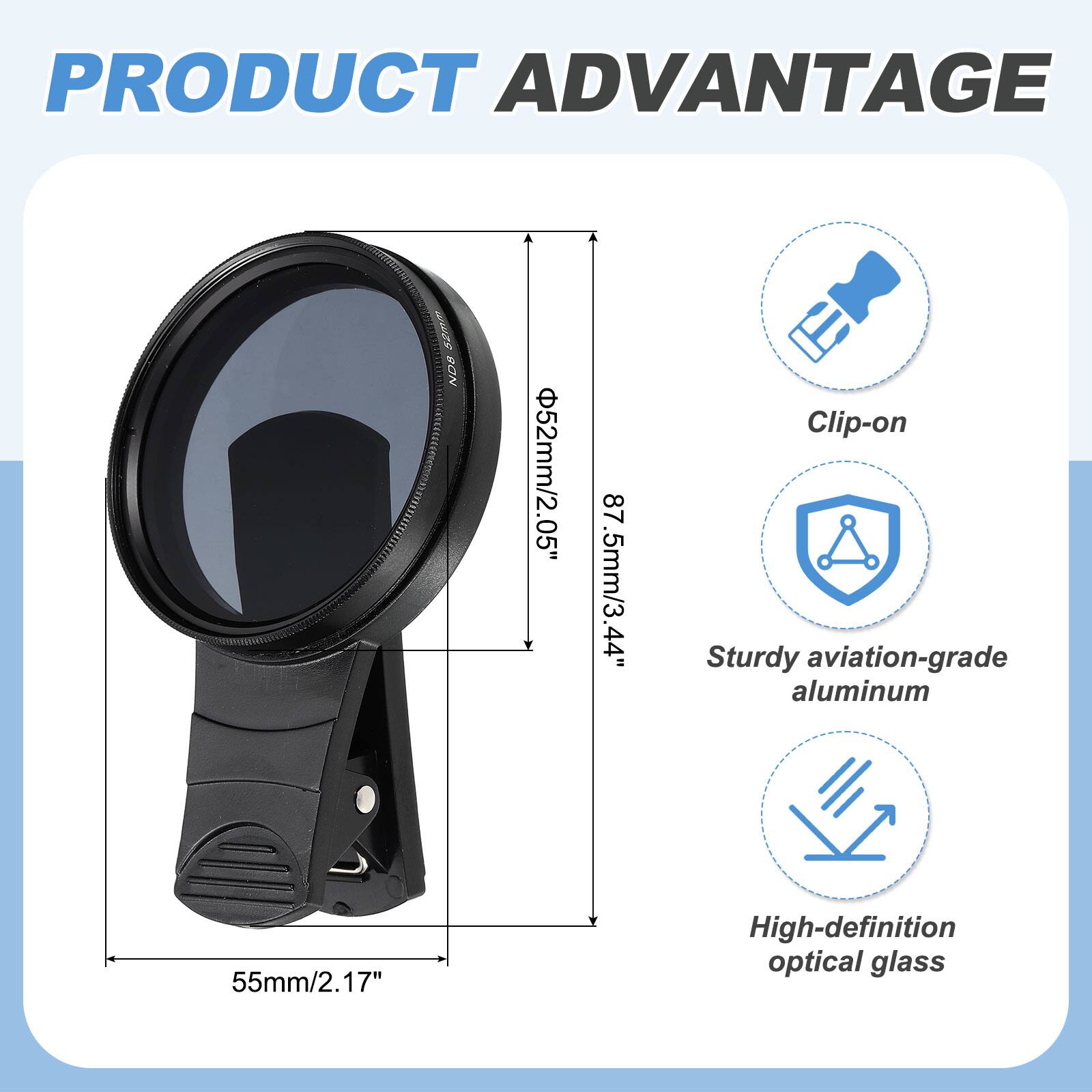 PRODUCT ADVANTAGE

- Clip-on
- Sturdy aviation-grade aluminum
- High-definition optical glass

Dimensions:
- 55mm/2.17"
- 87.5mm/3.44"