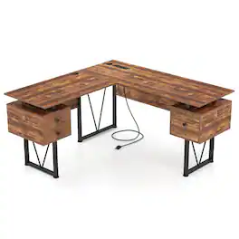 SlickBlue - L-Shaped Computer Desk with Power Outlets and 3 Storage Drawers - Rustic Brown