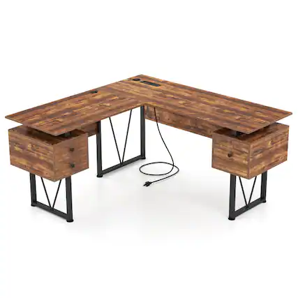 Front. SlickBlue - L-Shaped Computer Desk with Power Outlets and 3 Storage Drawers - Rustic Brown.