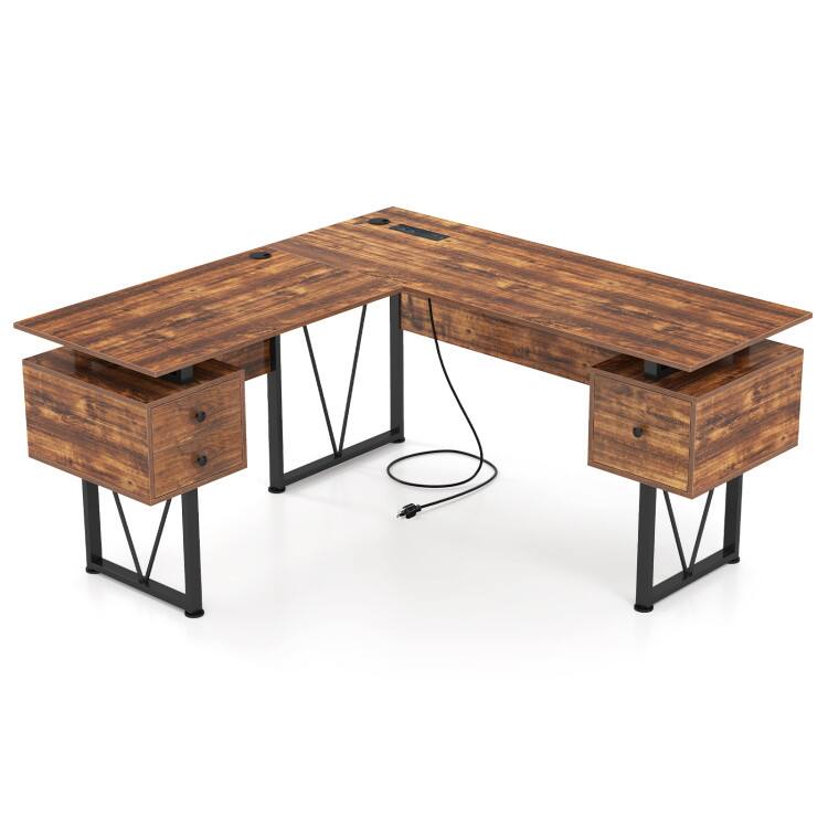 SlickBlue - L-Shaped Computer Desk with Power Outlets and 3 Storage Drawers - Rustic Brown