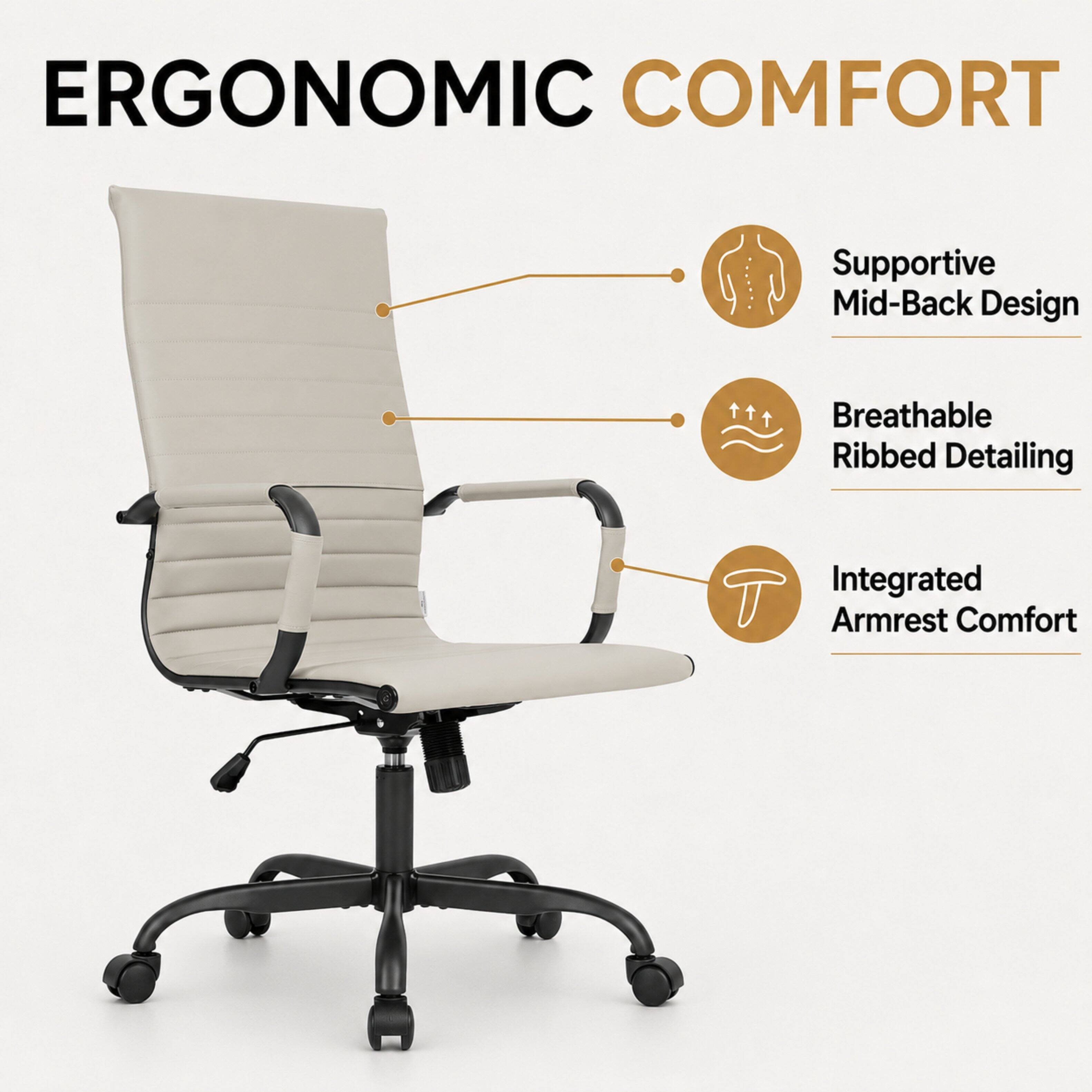 ERGONOMIC COMFORT

- Supportive Mid-Back Design
- Breathable Ribbed Detailing
- Integrated Armrest Comfort