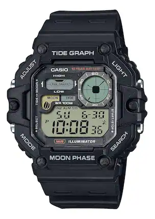 TIDE GRAPH
CASIO 10 YEAR BATTERY
LIGHT
HIGH
TIDE GRAPH
LOW
MOON
TIDE
WA 100M
SNZ ALM SIG
50
6-30
10:08
START/STOP
36
MODE
ILLUMINATOR
SEARCH
MOON PHASE