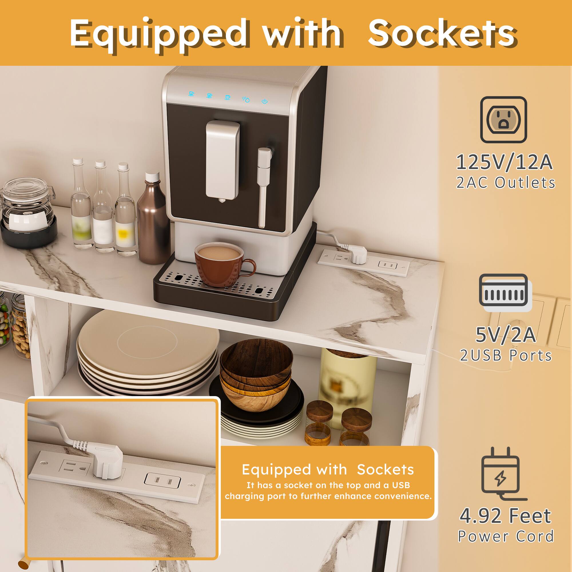 Equipped with Sockets

- 125V/12A 2AC Outlets
- 5V/2A 2USB Ports
- 4.92 Feet Power Cord

It has a socket on the top and a USB charging port to further enhance convenience.