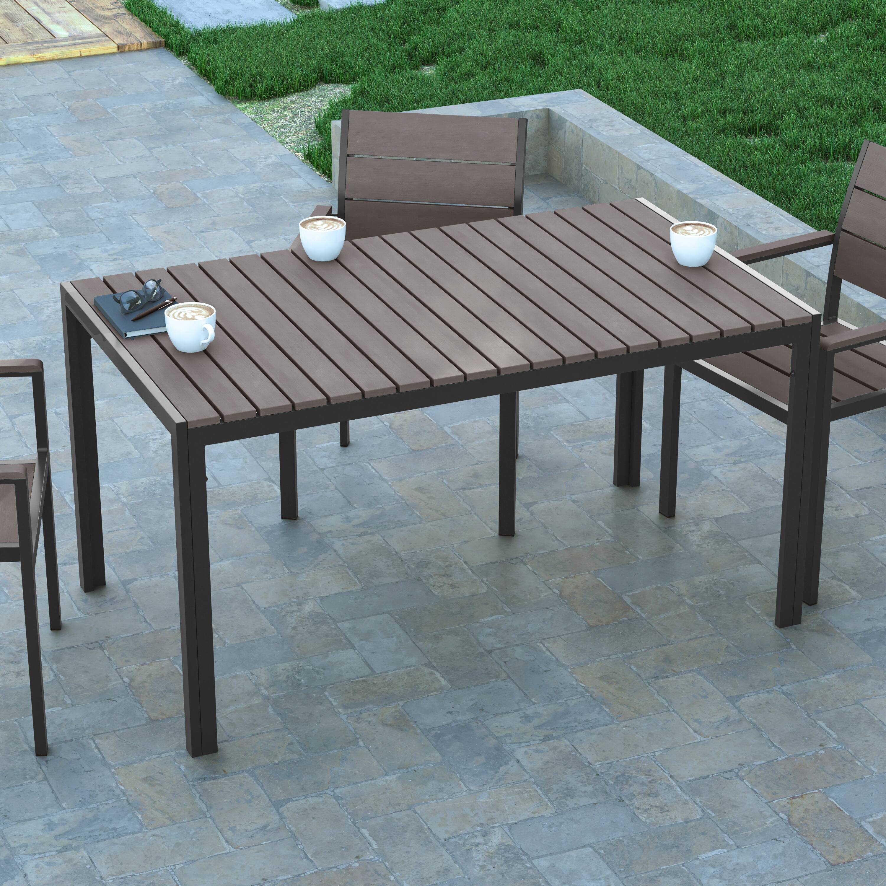Alt View 3. Emma + Oliver - Fena 55" x 31" Outdoor Dining Table with Faux Teak Poly Slat Top and Metal Frame - Gray Top/Gray Frame.