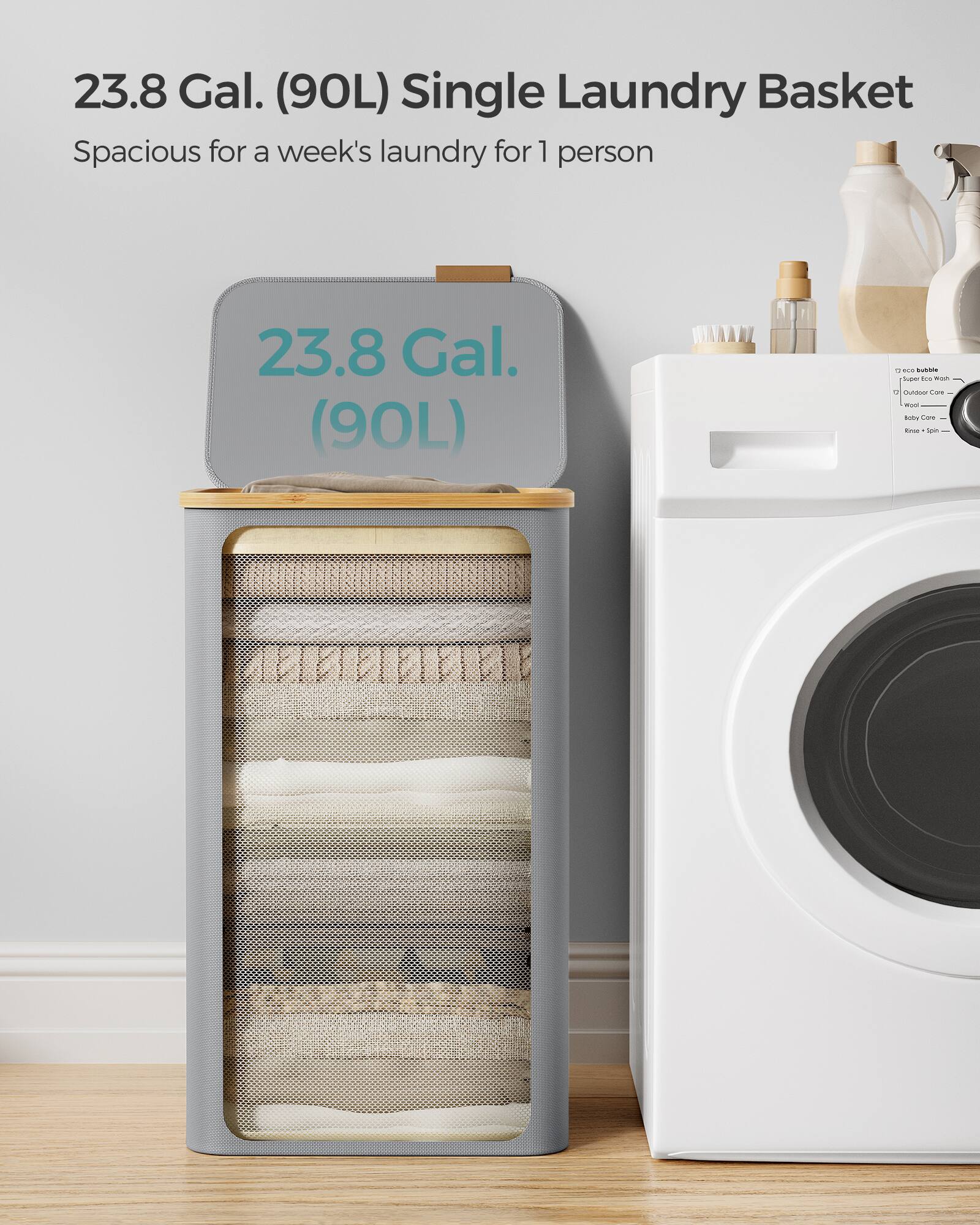 23.8 Gal. (90L) Single Laundry Basket  
Spacious for a week's laundry for 1 person