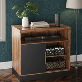 ModernMate - Modern Wood Accent Cabinet with Sliding Door, Adjustable Open Shelves and Gold Handle - Black Walnut