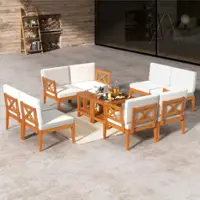Costway 10 PCS Acacia Wood Patio Furniture Set with Cushions and 2-Tier Coffee Table - Off White,Natural - Front_Zoom