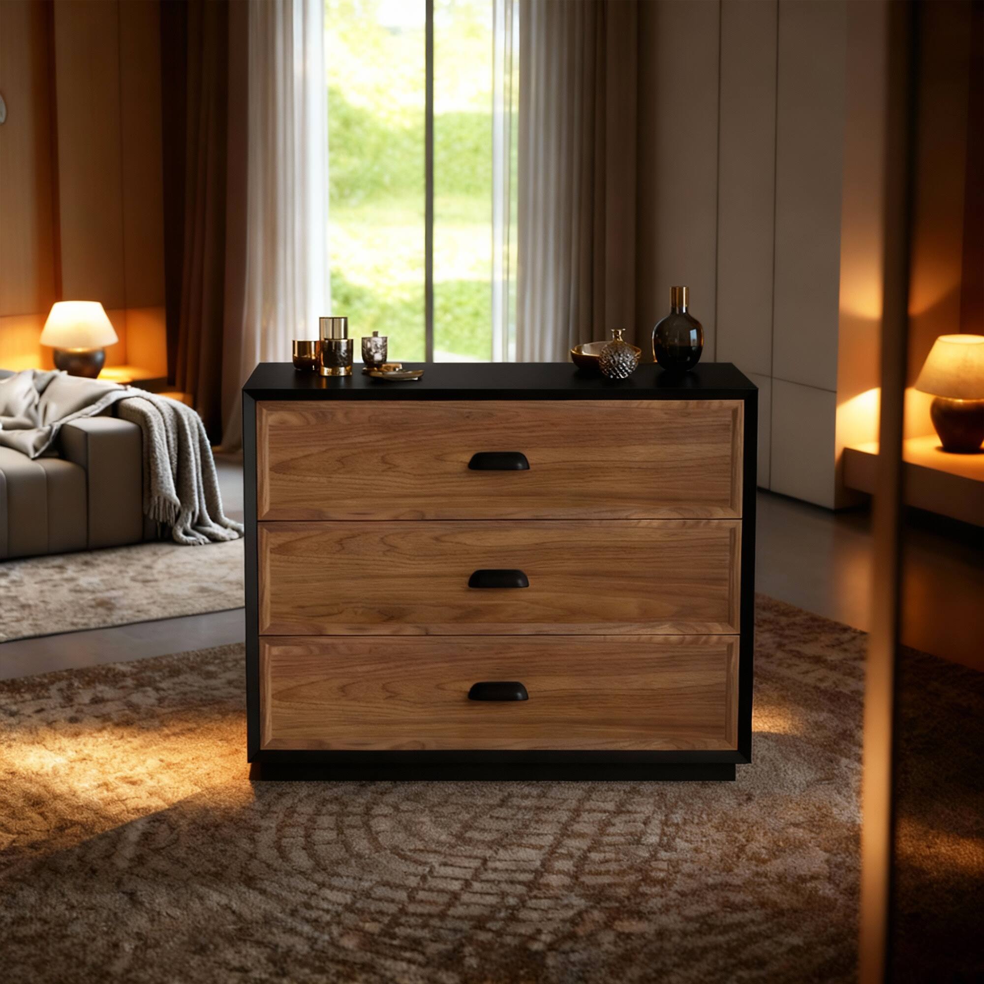 Alt View 1. luck idea - Mid-Century Modern 31.49" Solid Wood Nightstand with 3 Drawers, Bedside Table - Walnut Color.