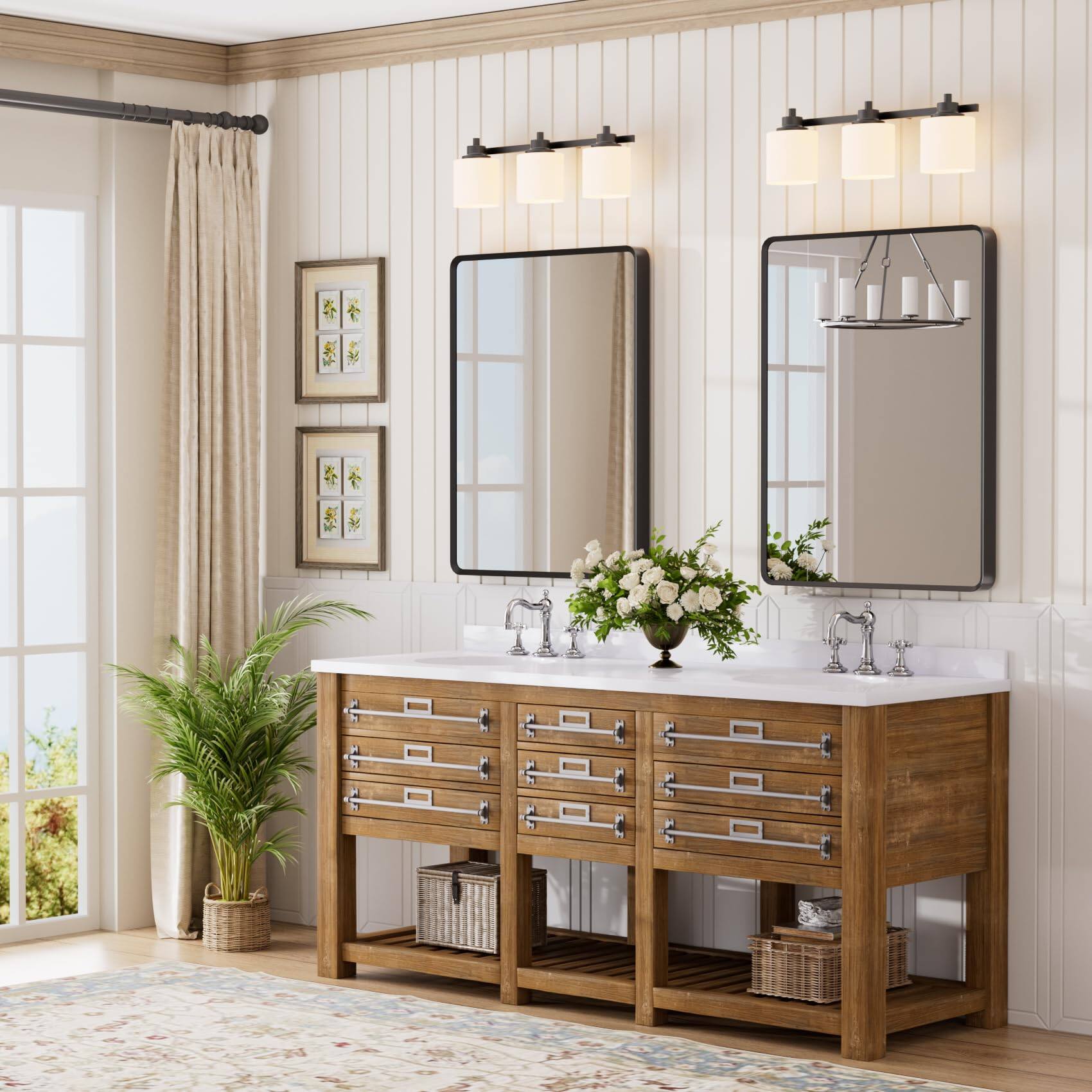 Left. Comfort Essence - Bathroom Mirror Rounded Rectangle Metal Framed Vanity Wall Hd Tempered Glass Horizontal Or Vertical Hanging - Brushed Gold-32"L x 24"W.