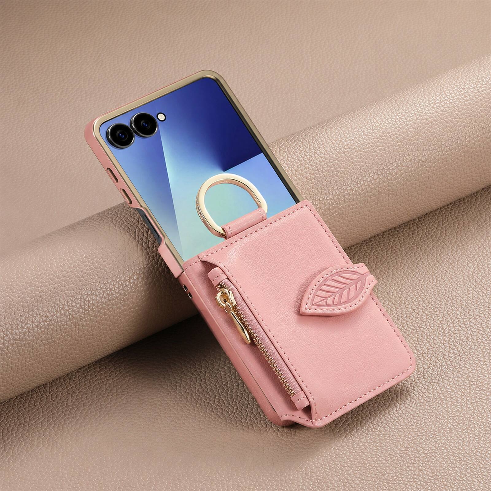 Alt View 2. Dteck - Zipper Wallet Card Pocket Back Cover for Samsung Galaxy Z Flip8 with Mirror Design, Shockproof Finger Ring Rugged Cover - Pink.