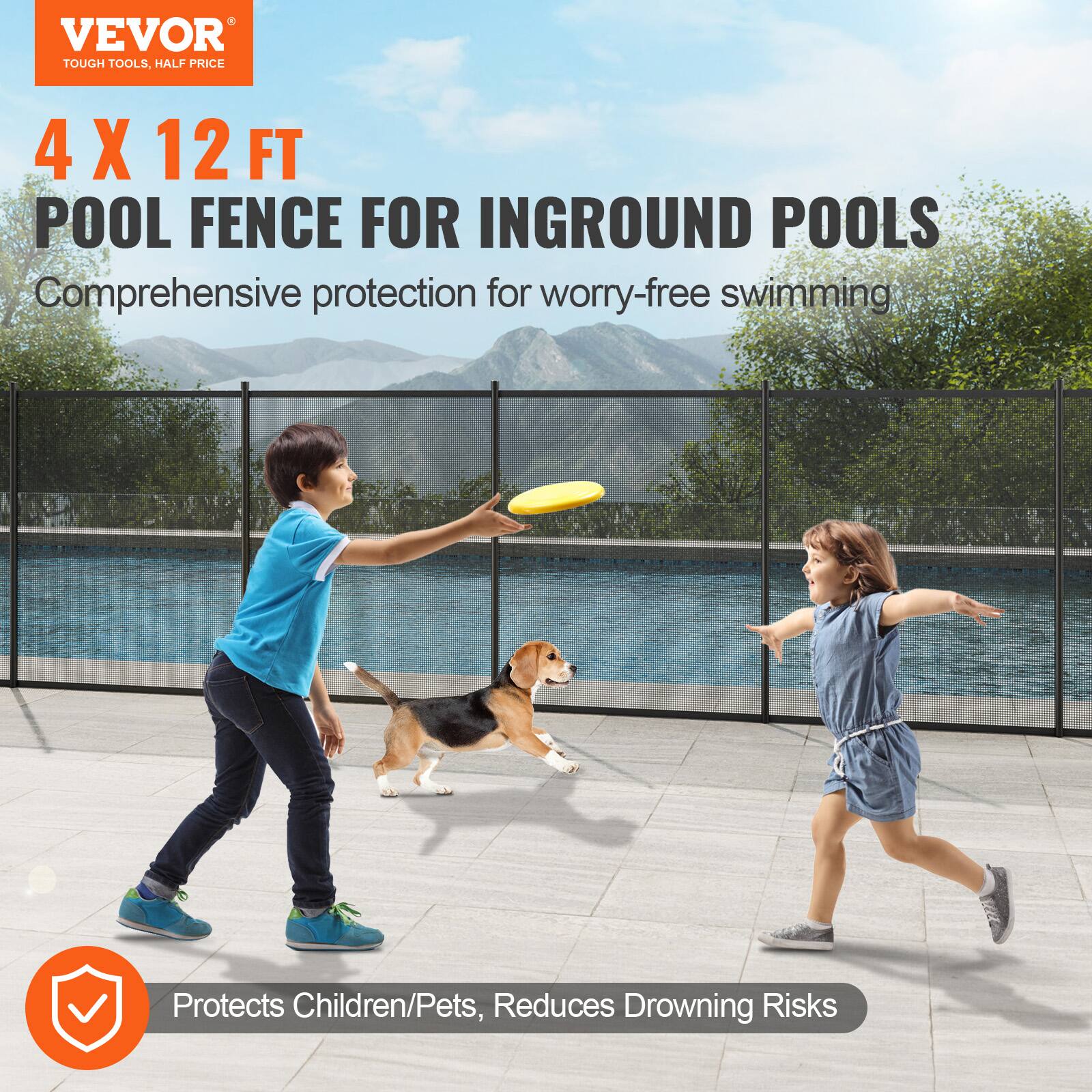 VEVOR TOUGH TOOLS, HALF PRICE
4 X 12 FT POOL FENCE FOR INGROUND POOLS
Comprehensive protection for worry-free swimming
Protects Children/Pets, Reduces Drowning Risks