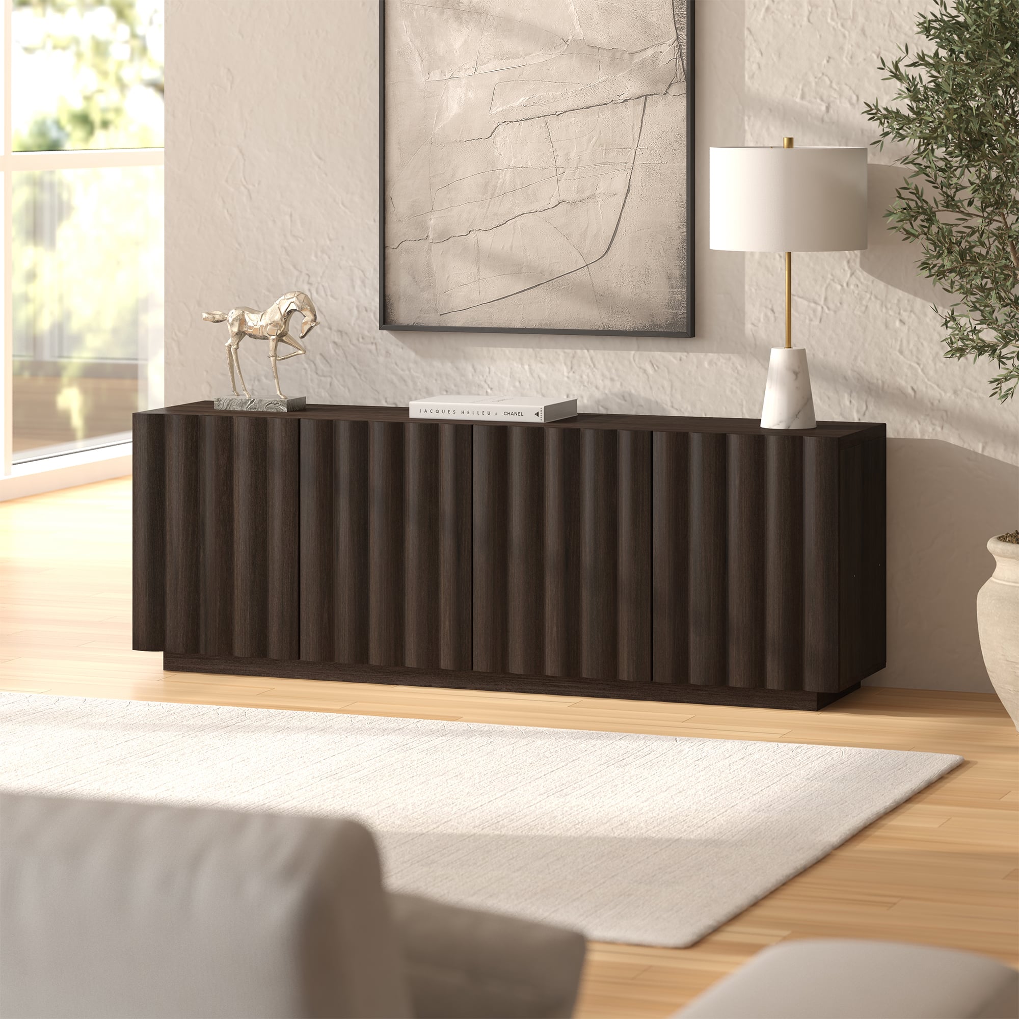 Hudson&Canal - Olie Rectangular Fluted TV Stand for TV's up to 75" Oak - Brown