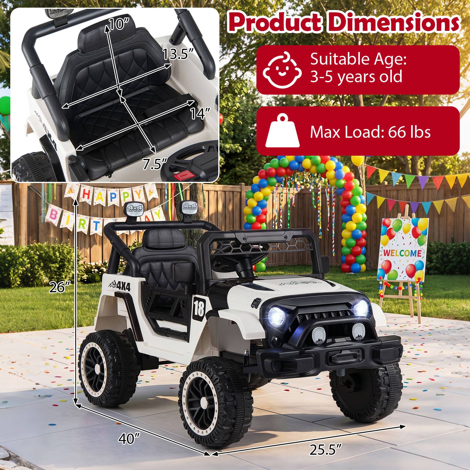Product Dimensions: 10" x 13.5" x 14" x 7.5"  
Suitable Age: 3-5 years old  
Max Load: 66 lbs