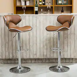 HTUTWOO - Faux Leather Adjustable Swivel Barstool Set of 2, Chrome Base with Footrest, for Kitchen/ Home Bar/ Office - Brown