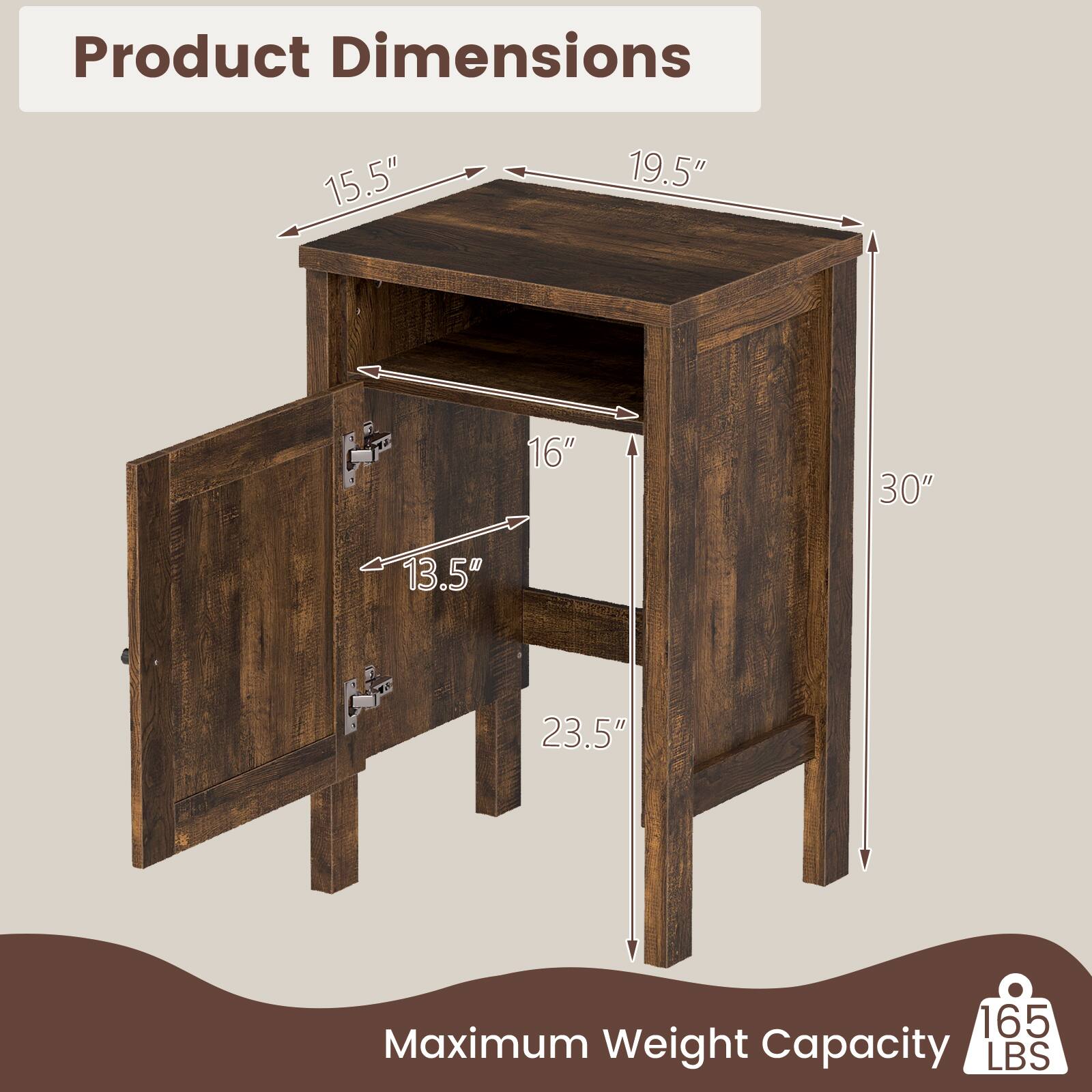 Product Dimensions  
15.5" x 19.5" x 30"  
16" x 13.5" x 23.5"  

Maximum Weight Capacity: 165 LBS