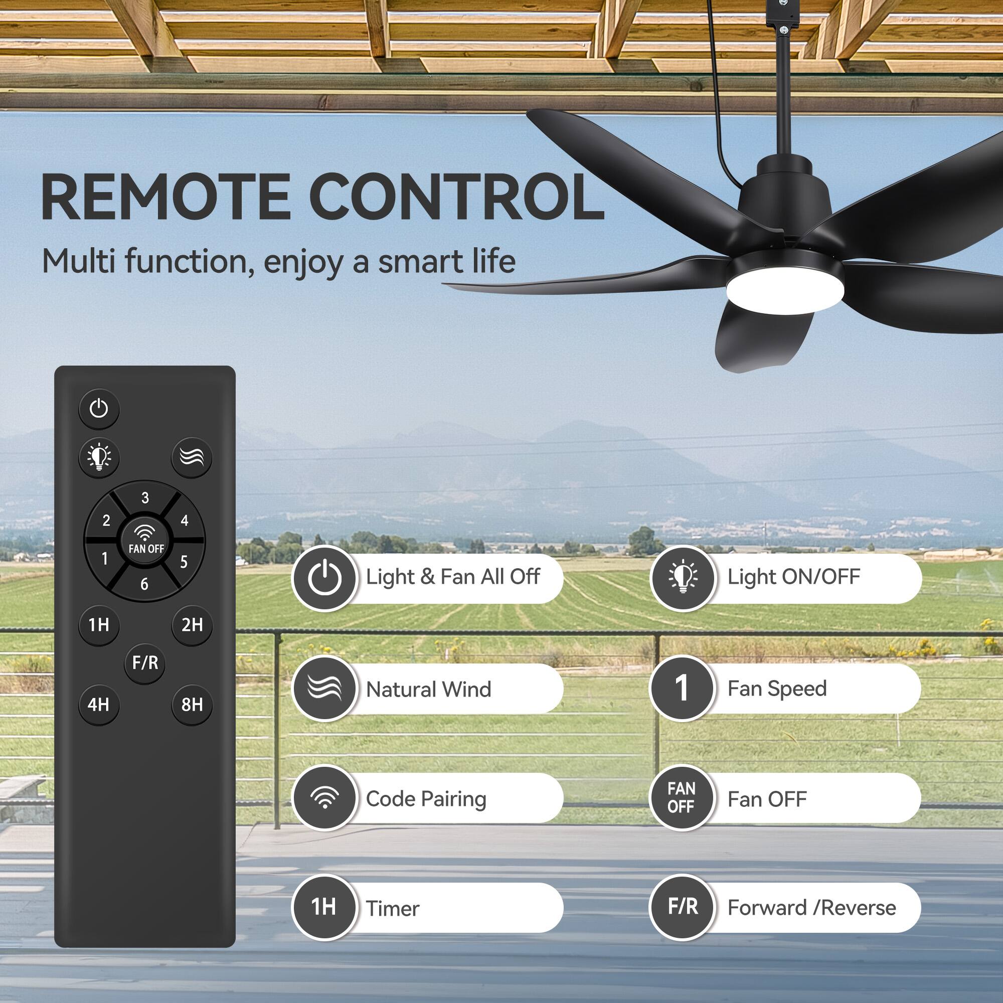 REMOTE CONTROL  
Multi function, enjoy a smart life  

- Light & Fan All Off  
- Light ON/OFF  
- Natural Wind  
- Code Pairing  
- Timer  
- Fan Speed  
- Fan OFF  
- Forward / Reverse  

1H  
2H  
4H  
8H  

F/R