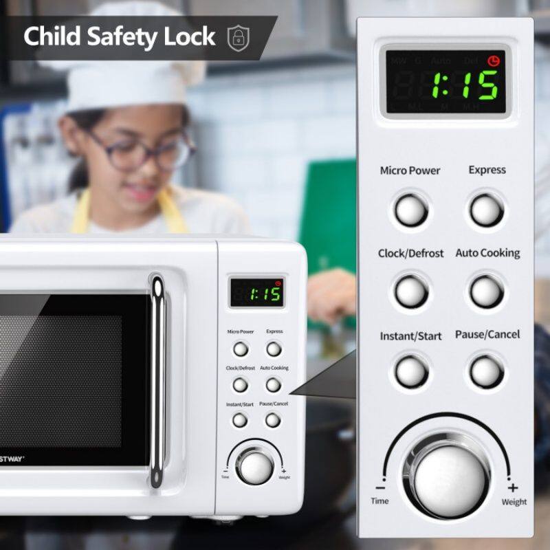 Child Safety Lock

15 Micro Power Express Clock/Defrost Auto Cooking

Micro Power Express
Clock/Defrost Auto Cooking

Instant/Start Pause/Cancel

Time + Weight