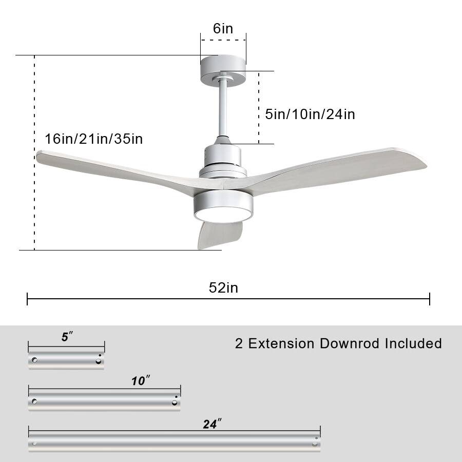 6in  
5in/10in/24in  
16in/21in/35in  
52in  

2 Extension Downrod Included  

5"  
10"  
24"