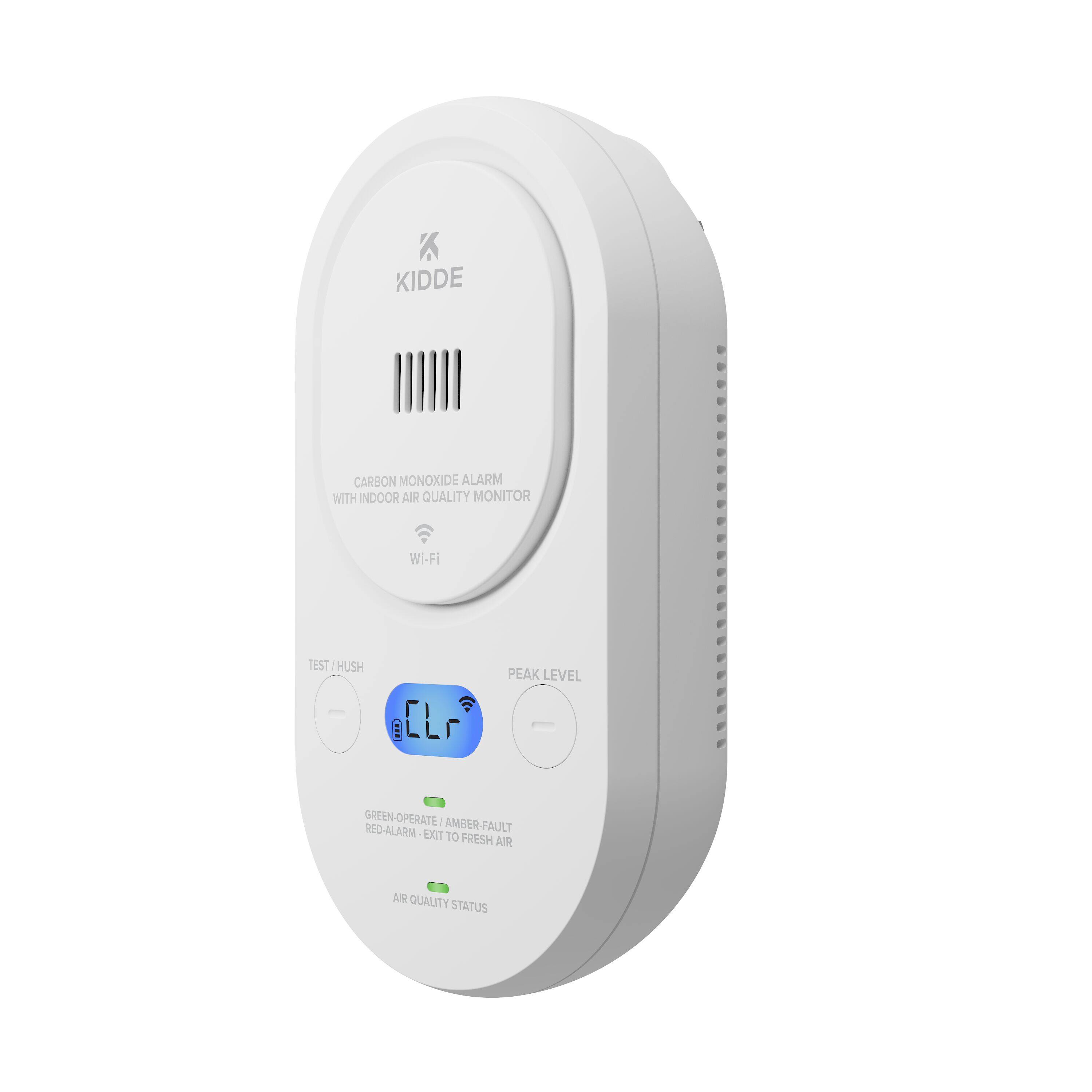 KIDDE CARBON MONOXIDE ALARM WITH INDOOR AIR QUALITY MONITOR  
Wi-Fi  
TEST / HUSH  
PEAK LEVEL  
GREEN-OPERATE / AMBER-FAULT / RED-ALARM - EXIT TO FRESH AIR  
AIR QUALITY STATUS