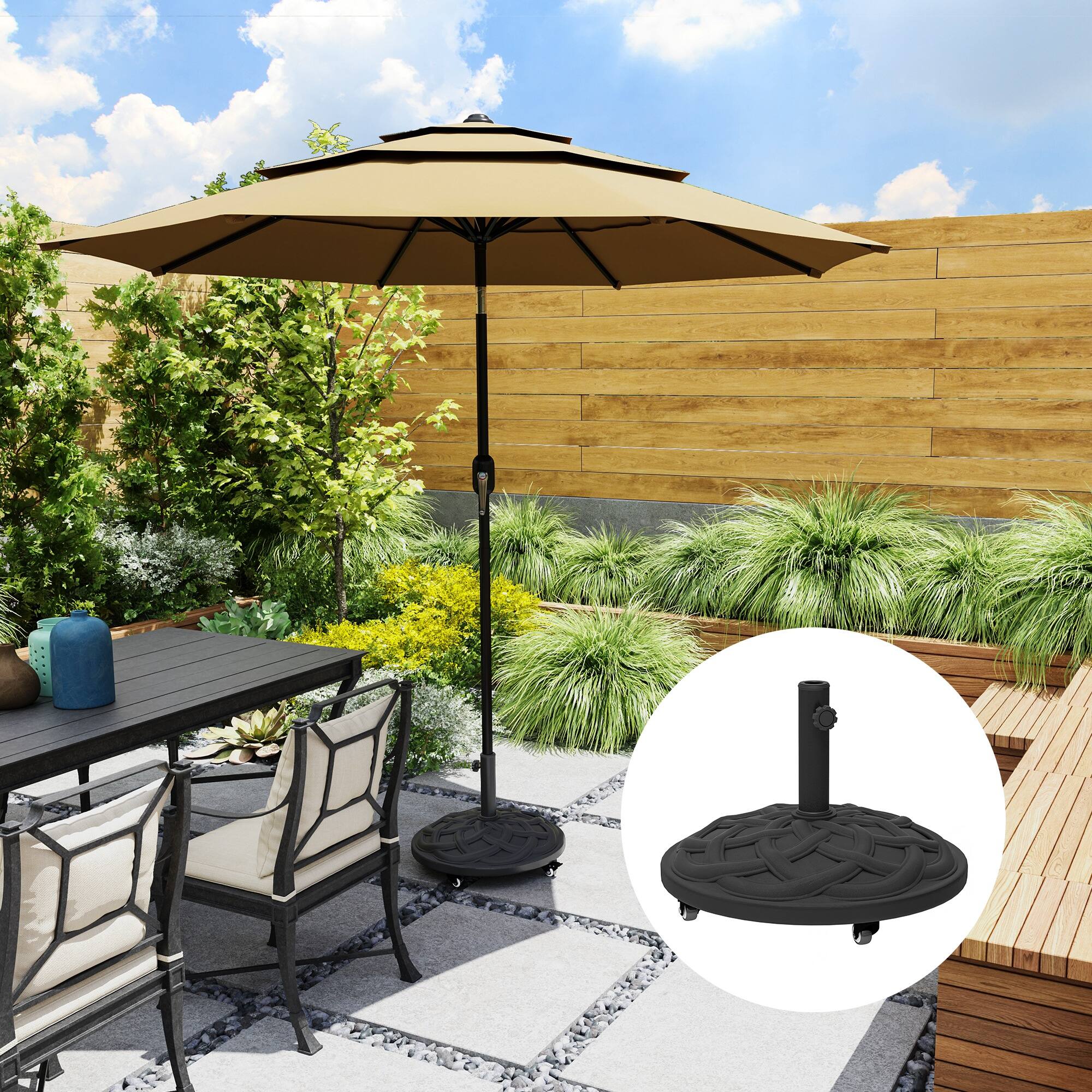 Angle. Outsunny - Round Patio Umbrella Base with Wheels, 44 lbs Resin Umbrella Stand Base, Heavy Duty Patio Umbrella Holder - Black.