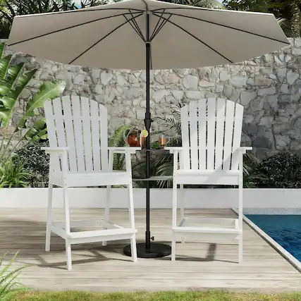 Front. Acekool - Outdoor Bar Height Adirondack Chairs Set of 2, Solid Wood, Tray with Umbrella Hole, Footrest, Patio Balcony, White - White.