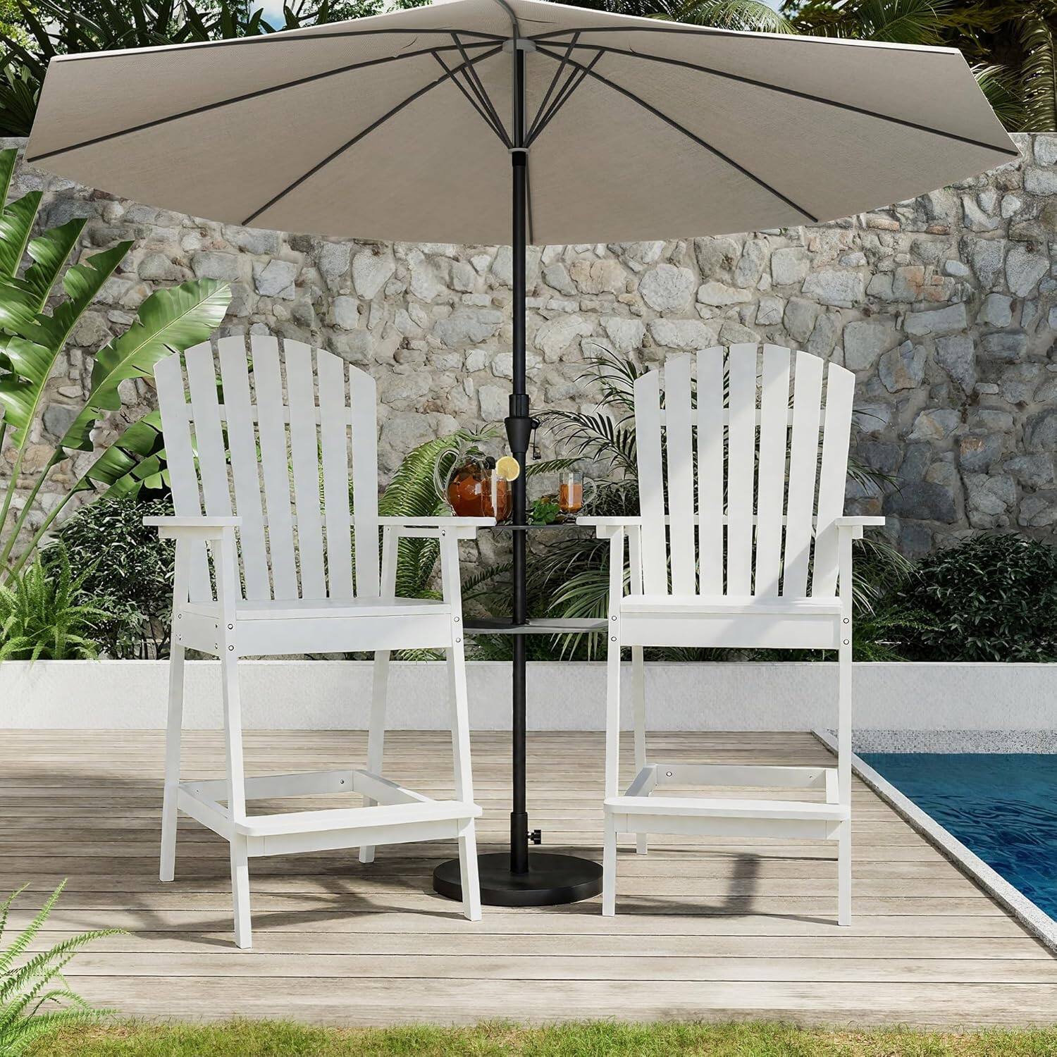Front. Acekool - Outdoor Bar Height Adirondack Chairs Set of 2, Solid Wood, Tray with Umbrella Hole, Footrest, Patio Balcony, White - White.