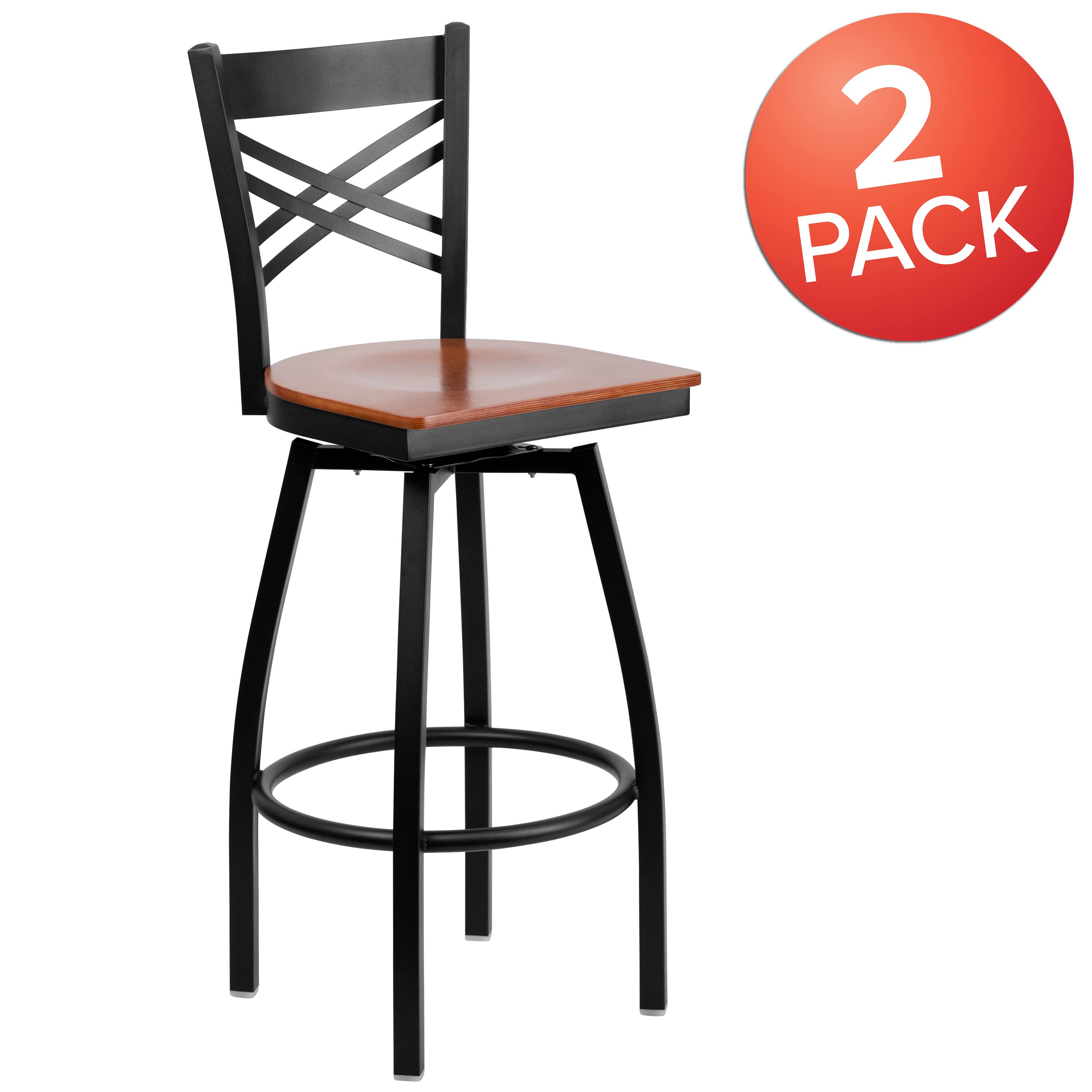 Alt View 1. Emma + Oliver - 2 Pack "X" Back Swivel Metal Barstool - Cherry Wood Seat/Black Metal Frame.