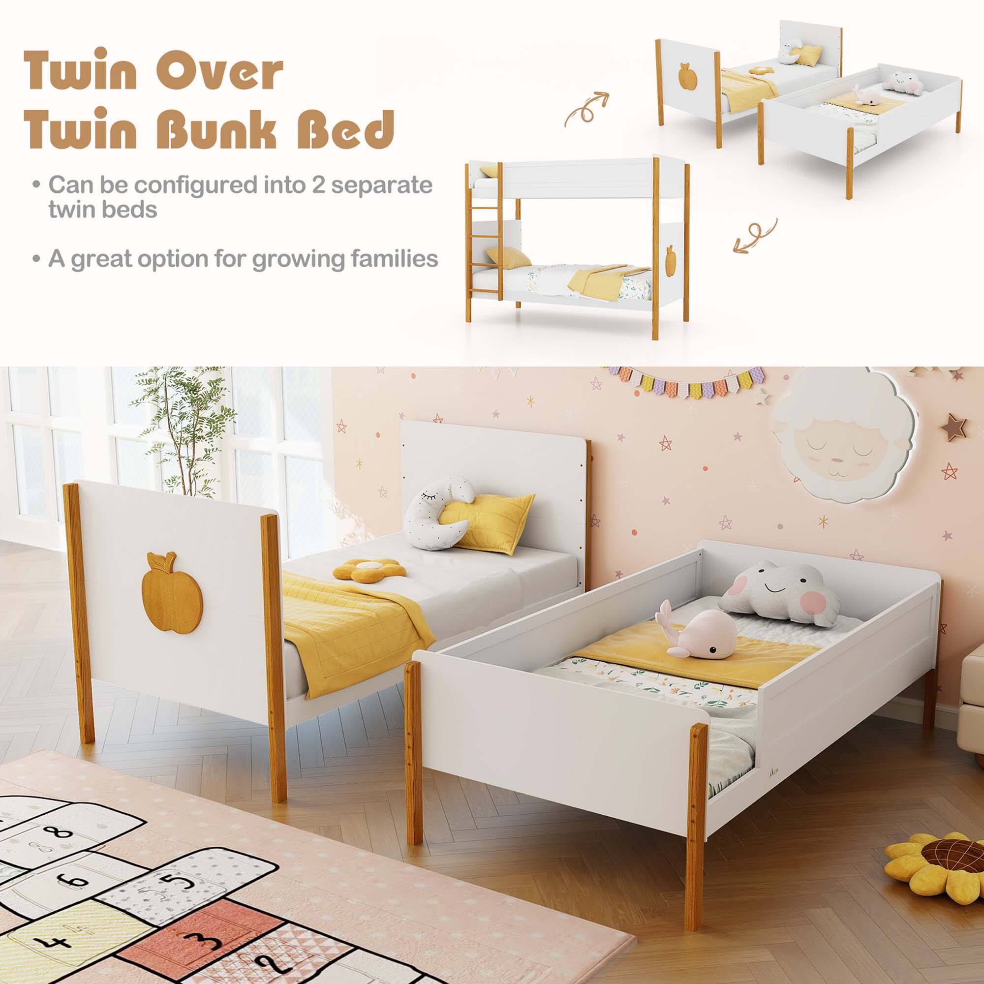 Twin Over Twin Bunk Bed: Can be configured into 2 separate twin beds. A great option for growing families.