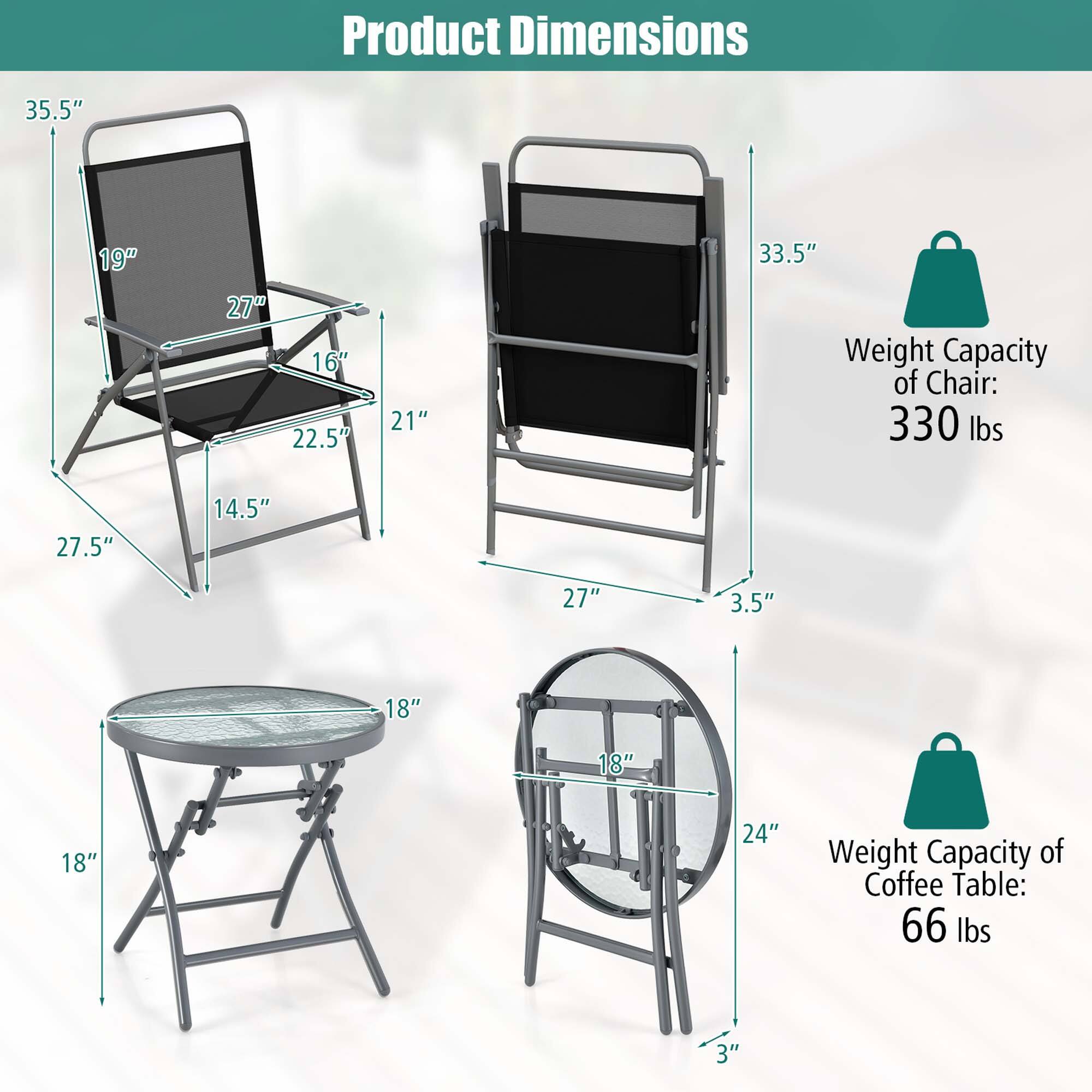 Product Dimensions: 35.5", 19", 27", 16", 22.5", 21", 33.5", 27.5", 14.5", 27", 3.5", 18", 18", 18", 24", 3"

Weight Capacity of Chair: 330 lbs

Weight Capacity of Coffee Table: 66 lbs