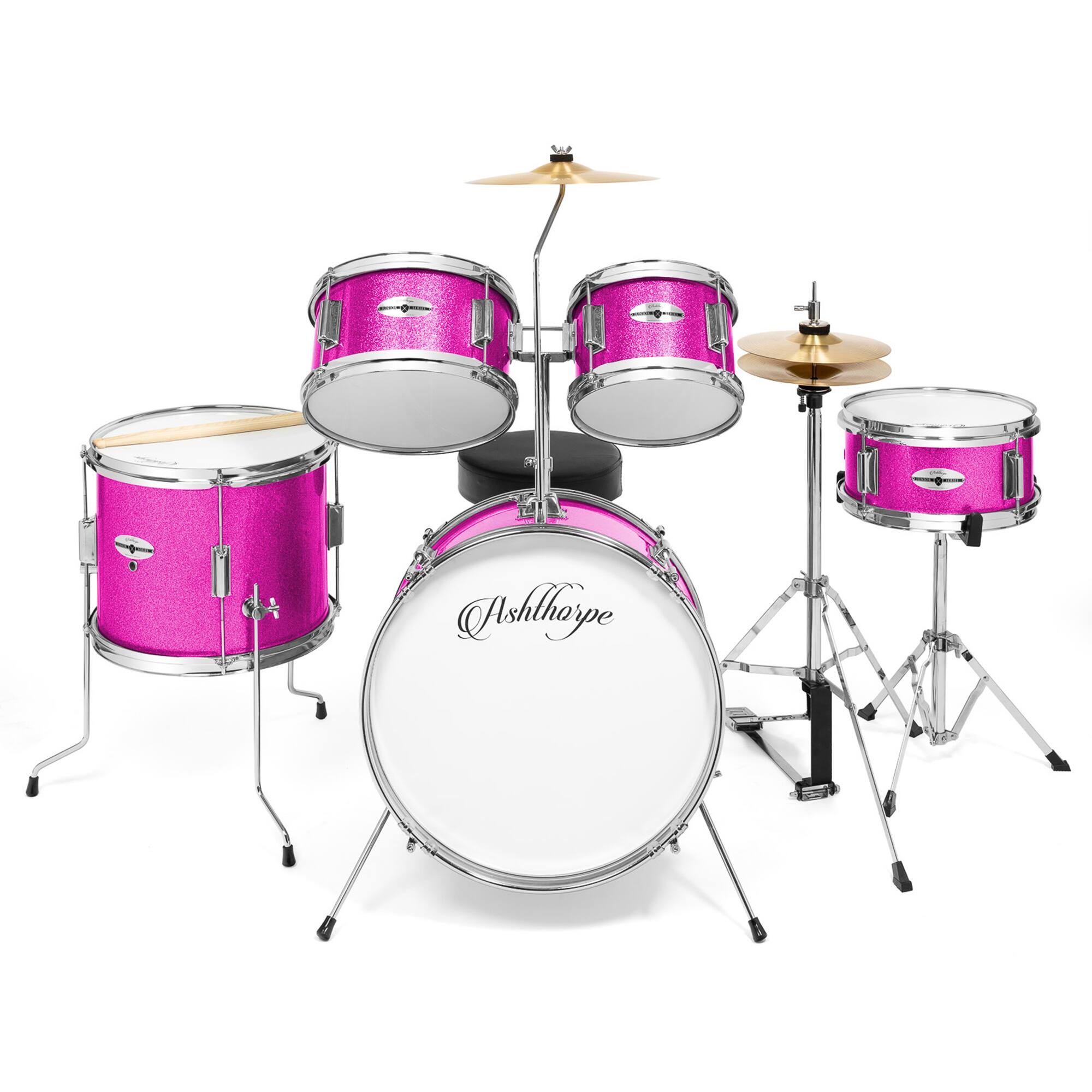 Alt View 1. Ashthorpe - Beginner Drum Kit with Brass Cymbals (Set of 5) - Pink.