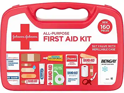 NEW 160 PIECES ALL-PURPOSE FIRST AID KIT
$27 VALUE WITH REFILLABLE CASE
NEOSPORIN
TYLENOL EXTRA STRENGTH
BENGAY INSTANT COLD PACK
HAND CLEANSING WIPES
NEU GAUZE
BAND-AID
BAND-AID PAPER TAPE
BAND-AID FRISE LAYER PAD
BAND-AID