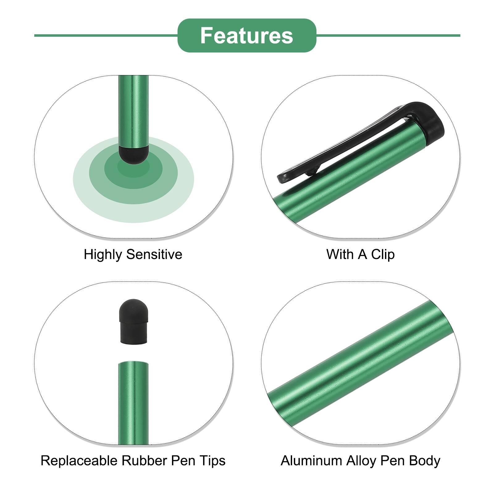 Features  
- Highly Sensitive  
- With A Clip  
- Replaceable Rubber Pen Tips  
- Aluminum Alloy Pen Body