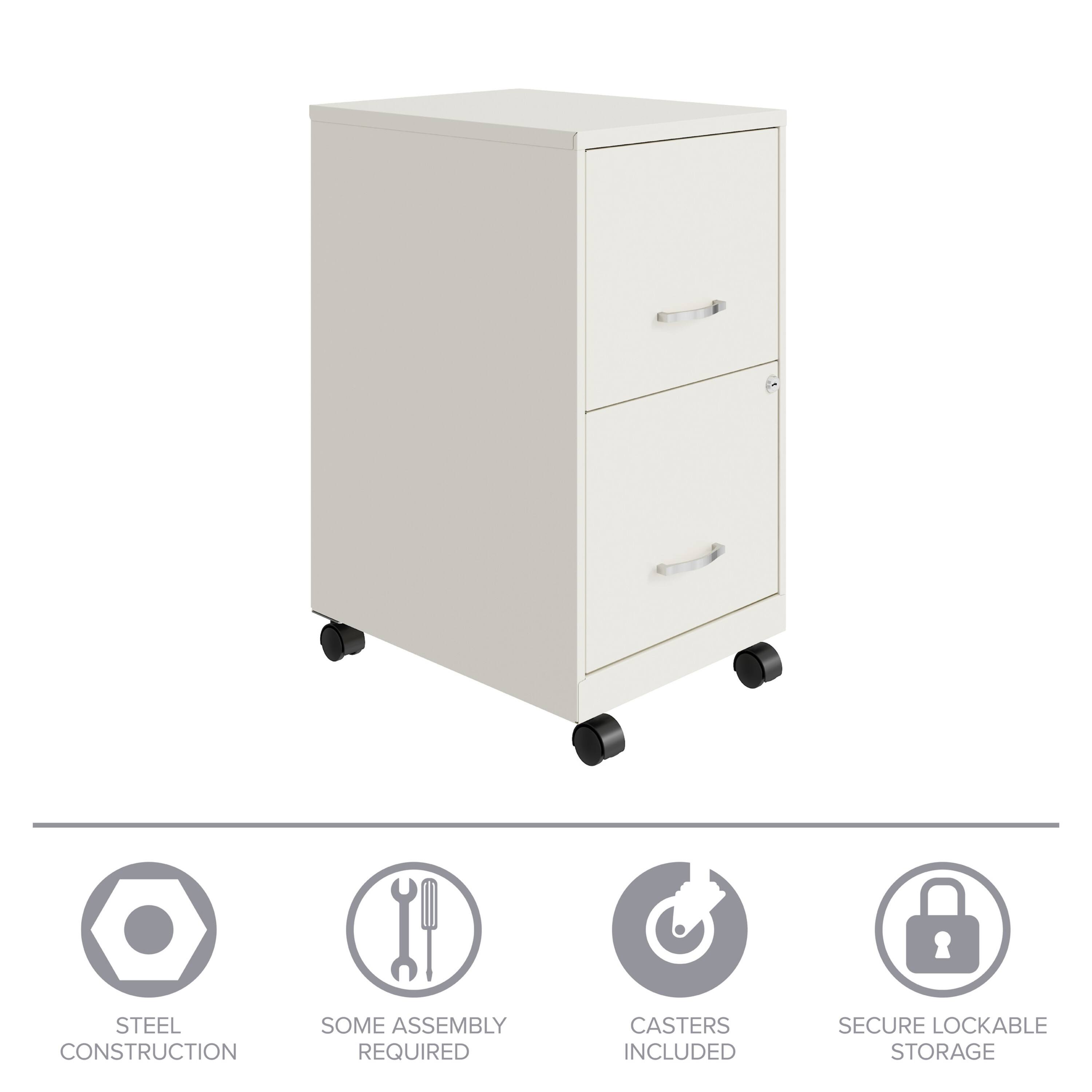 The image features a white filing cabinet that is made of steel and requires some assembly. It has casters for easy movement and secure, lockable storage.