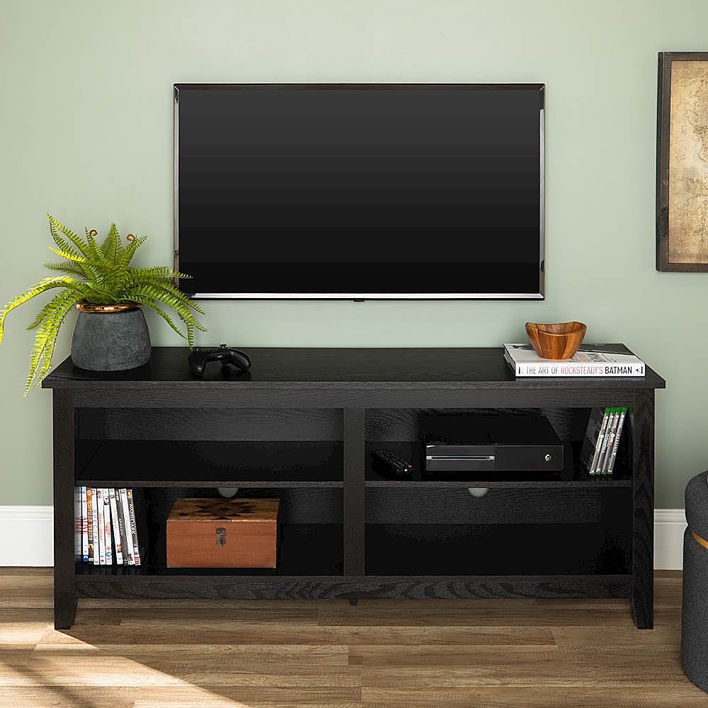 Black TV Stand For 65-70 Inch TV Stands With 2 Storage Cabinet Open Shelves US 