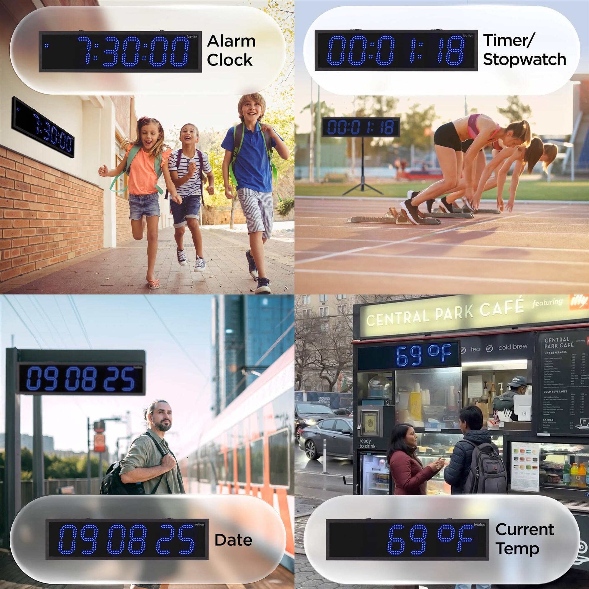 Alarm 7:30:00 Clock

Timer/Stopwatch 00:01:18

Date 09 08 25

Current Temp 69°F