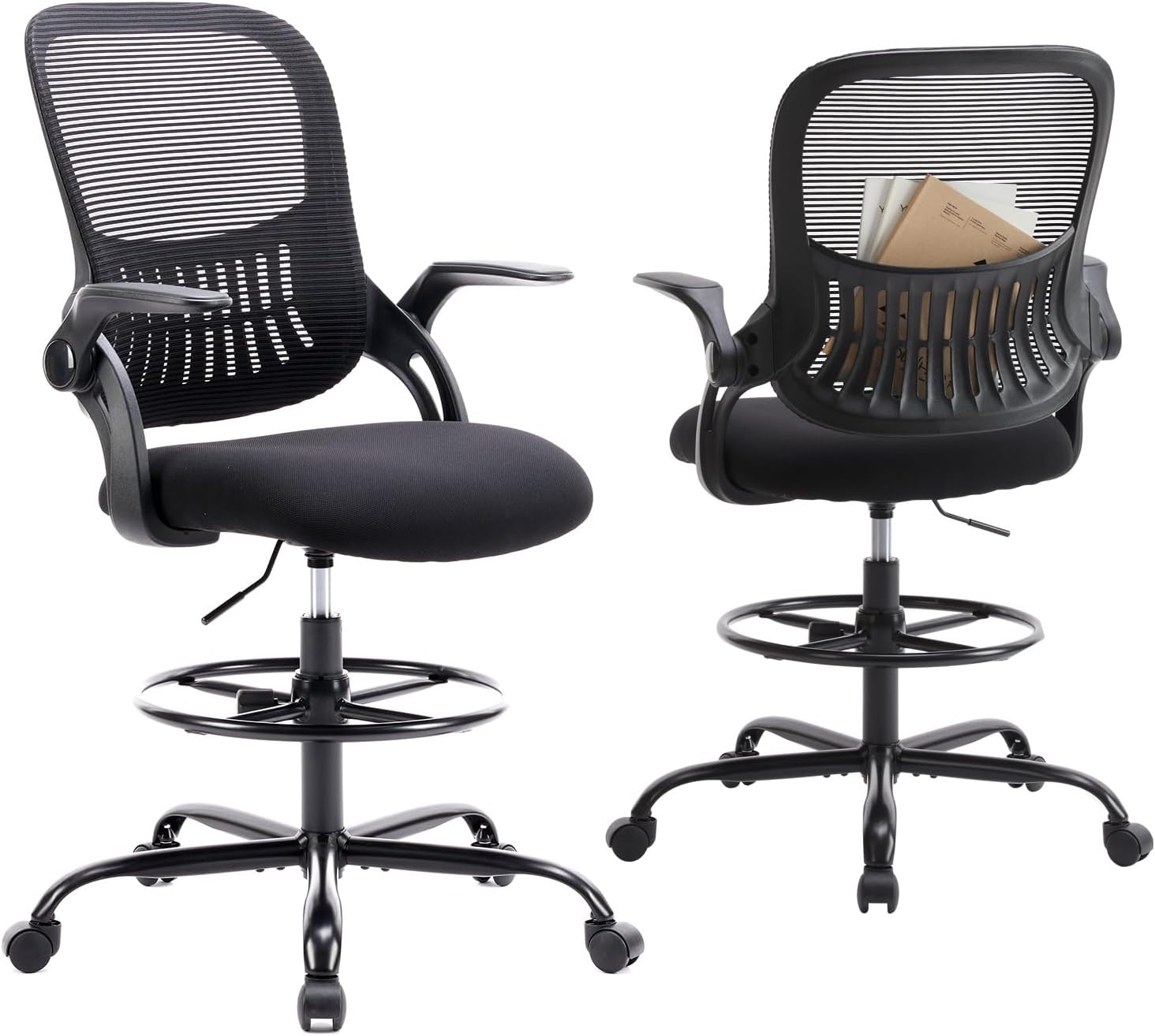 Angle. Sweet - Drafting Chair, Tall Office Chair for Standing Desk with Flip-up Arms Mesh Rolling Work 360° Swivel Footrest, Gray - Black.