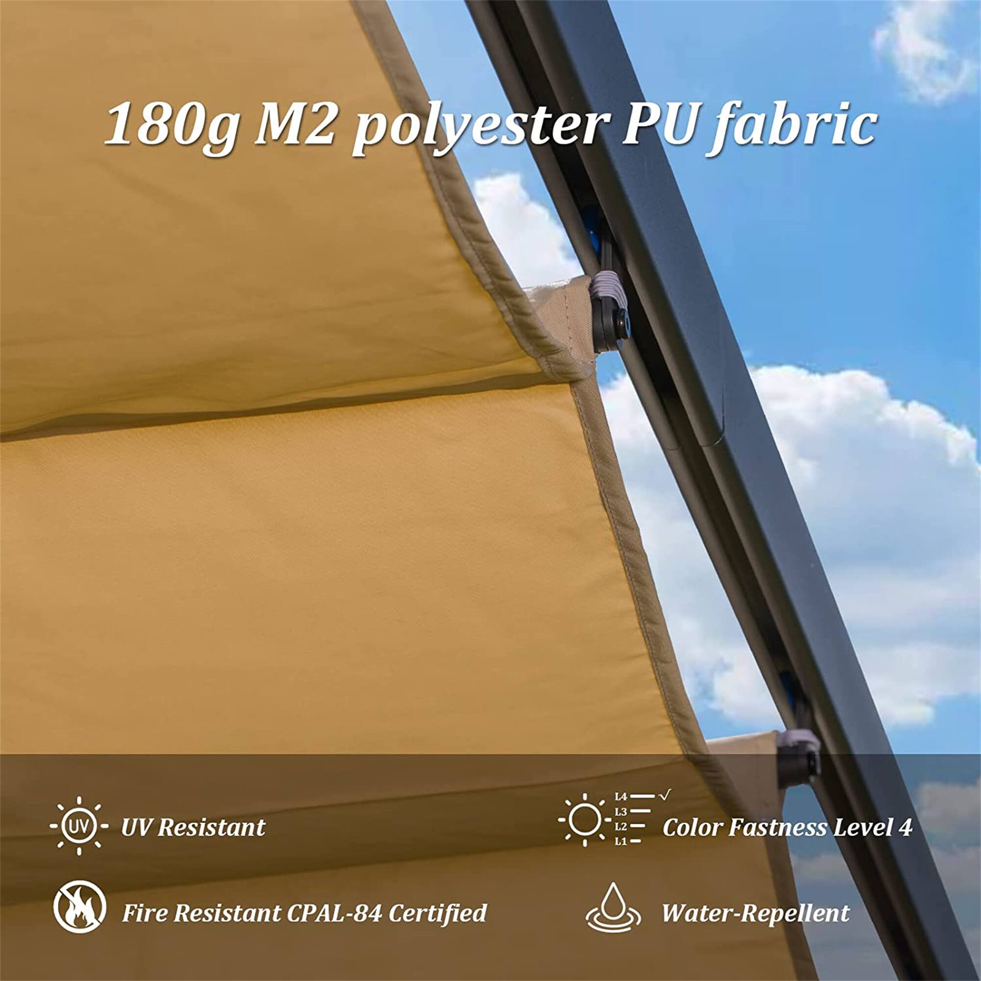 180g M2 polyester PU fabric

- UV Resistant
- Fire Resistant CPAL-84 Certified
- Color Fastness Level 4
- Water-Repellent