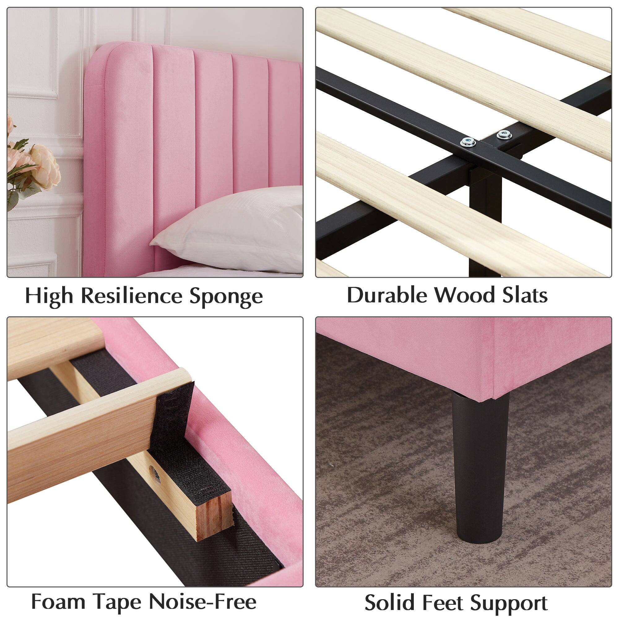 - High Resilience Sponge
- Durable Wood Slats
- Foam Tape Noise-Free
- Solid Feet Support
