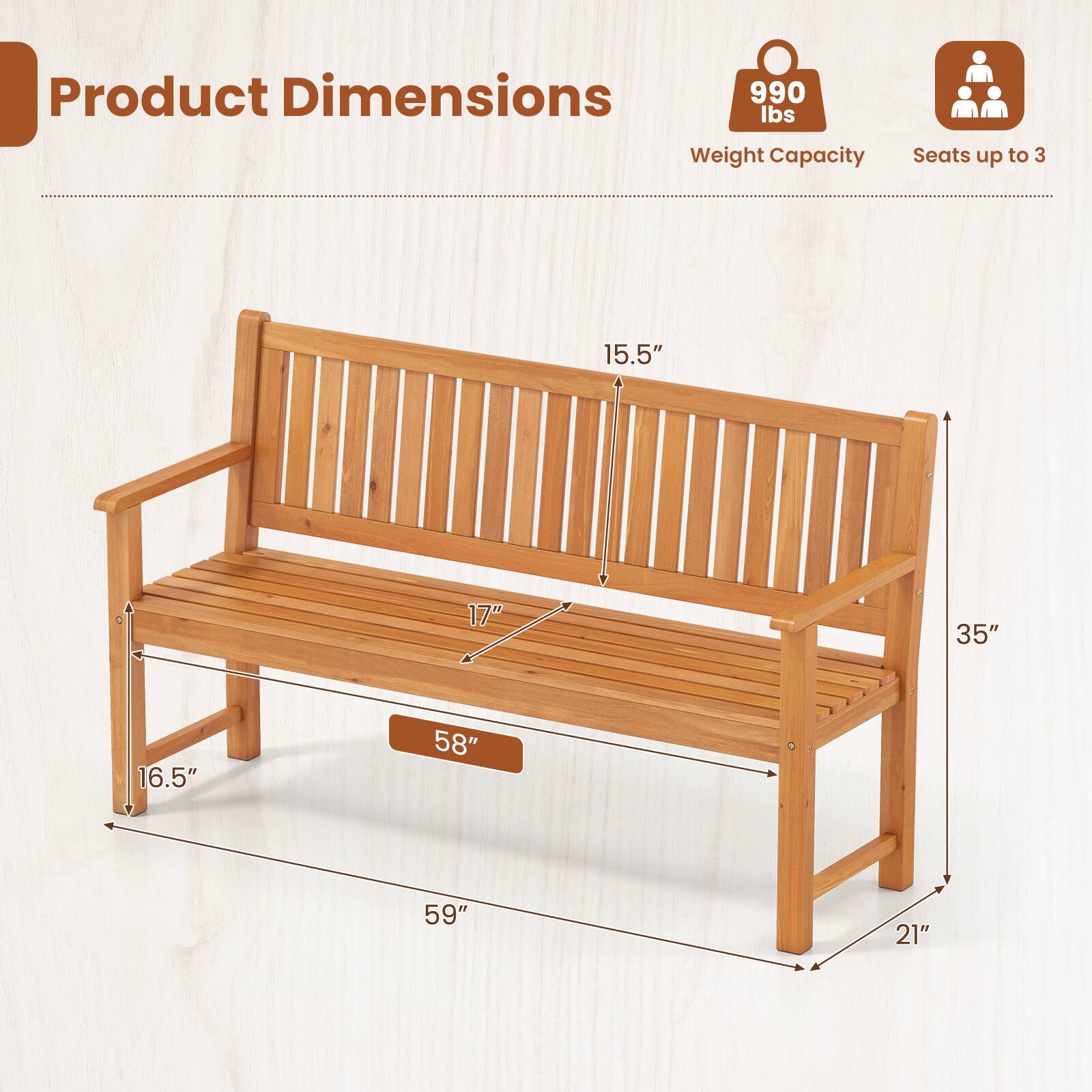Product Dimensions  
990 lbs Weight Capacity  
Seats up to 3  

15.5"  
17"  
35"  
16.5"  
58"  
59"  
21"