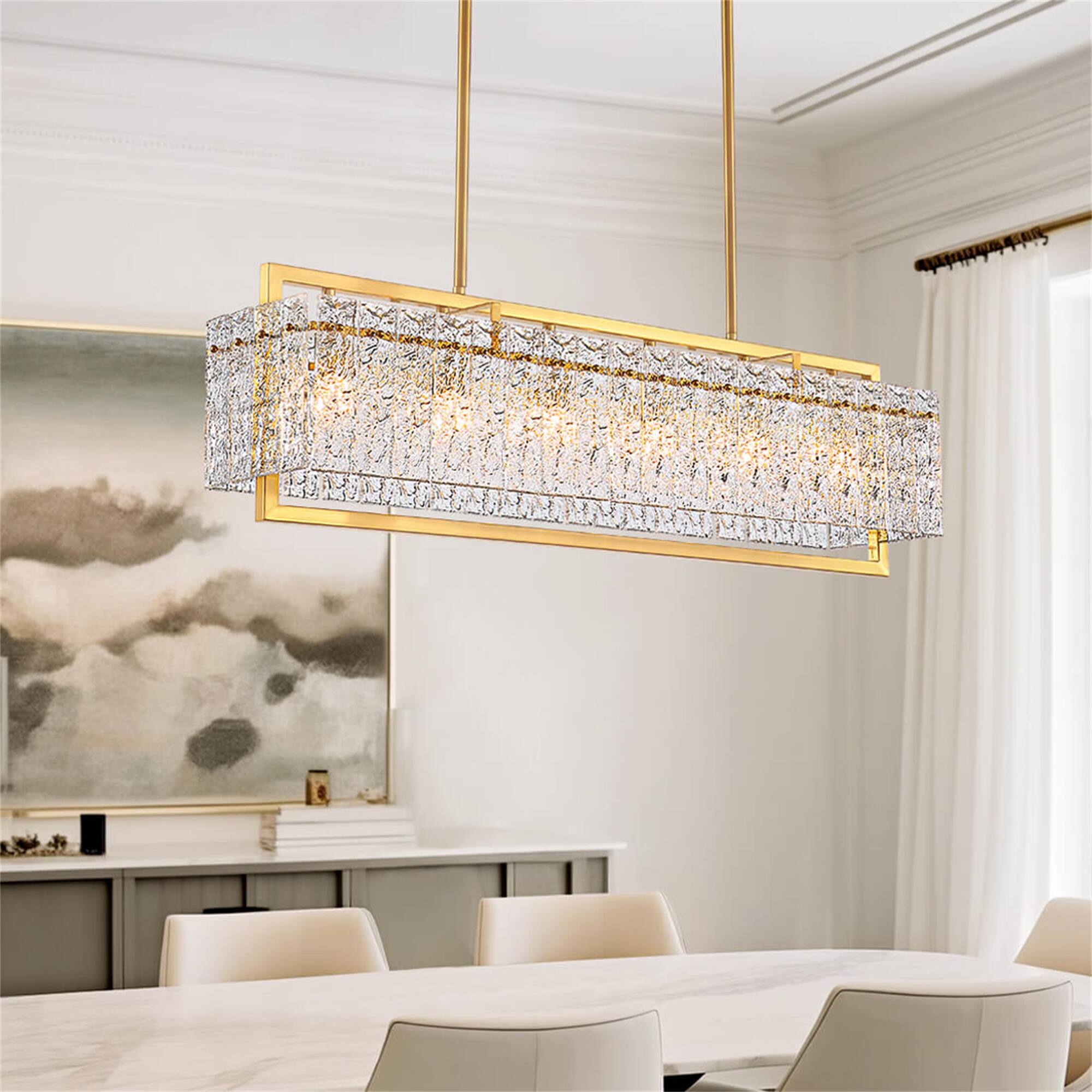 Back. Siljoy - 49.2-In 8-Light Brass Square Linear Chandelier, Adjustable Cable Iron Pendant Light for Kitchen Island Dining Foyer - Brass.