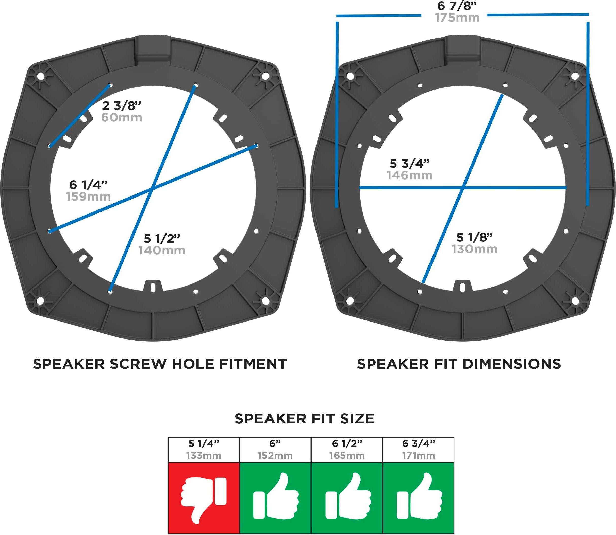 6 7/8" 175mm  
2 3/8" 60mm  
6 1/4" 159mm  
5 3/4" 146mm  
5 1/2" 140mm  
5 1/8" 130mm  

SPEAKER SCREW HOLE FITMENT  
SPEAKER FIT DIMENSIONS  

SPEAKER FIT SIZE  
5 1/4" 133mm  
6" 152mm  
6 1/2" 165mm  
6 3/4" 171mm