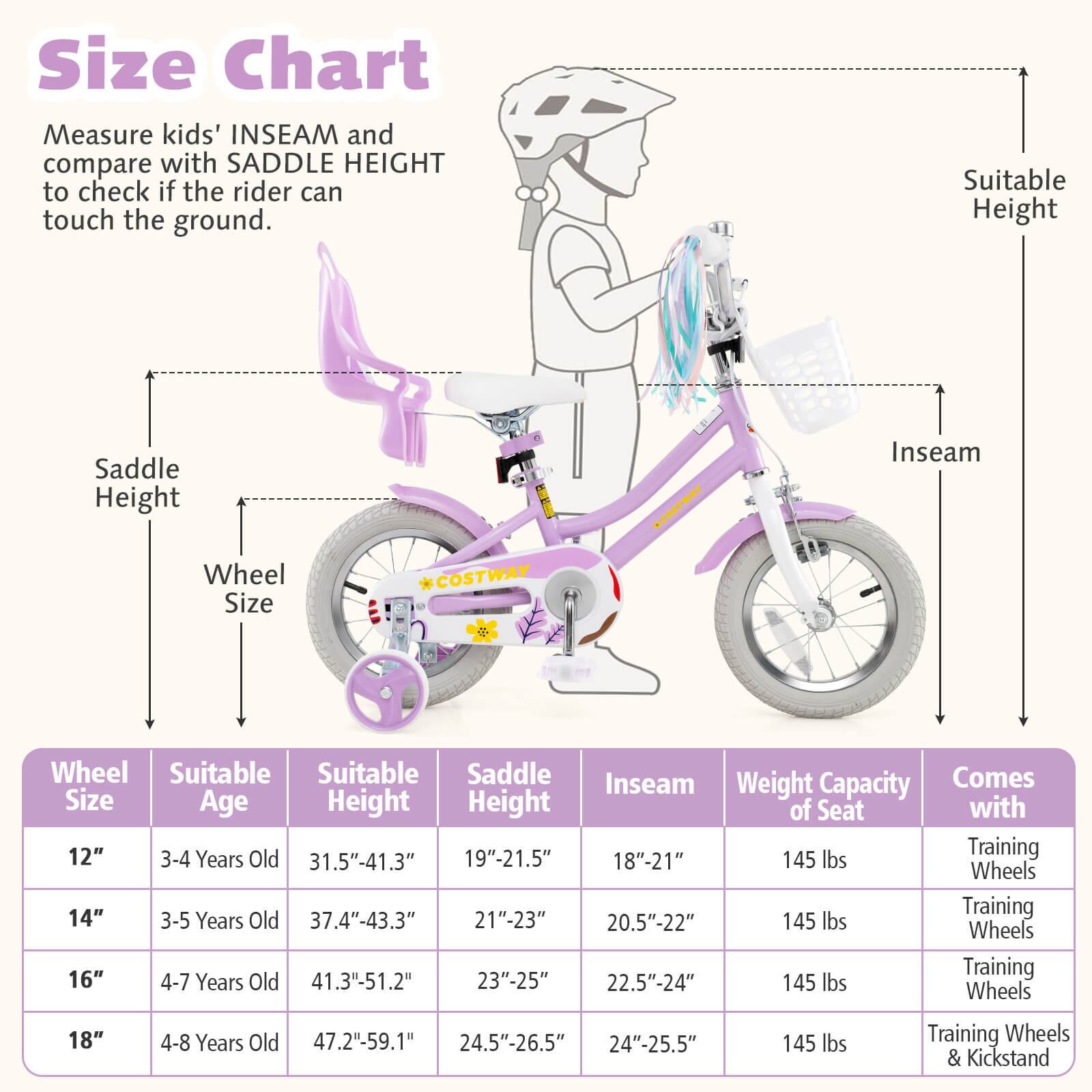 **Size Chart**

Measure kids' INSEAM and compare with SADDLE HEIGHT to check if the rider can touch the ground.

| Wheel Size | Suitable Age | Suitable Height | Saddle Height | Inseam | Weight Capacity of Seat | Comes with |
|------------|-------------|----------------|--------------|--------|-----------------------|------------|
| 12"        | 3-4 Years Old | 31.5"-41.3"     | 19"-21.5"     | 18"-21" | 145 lbs               | Training Wheels |
| 14"        | 3-5 Years Old | 37.4"-43.3"     | 21"-23"       | 20.5"-22" | 145 lbs               | Training Wheels |
| 16"        | 4-7 Years Old | 41.3"-51.2"     | 23"-25"       | 22.5"-24" | 145 lbs               | Training Wheels |
| 18"        | 4-8 Years Old | 47.2
