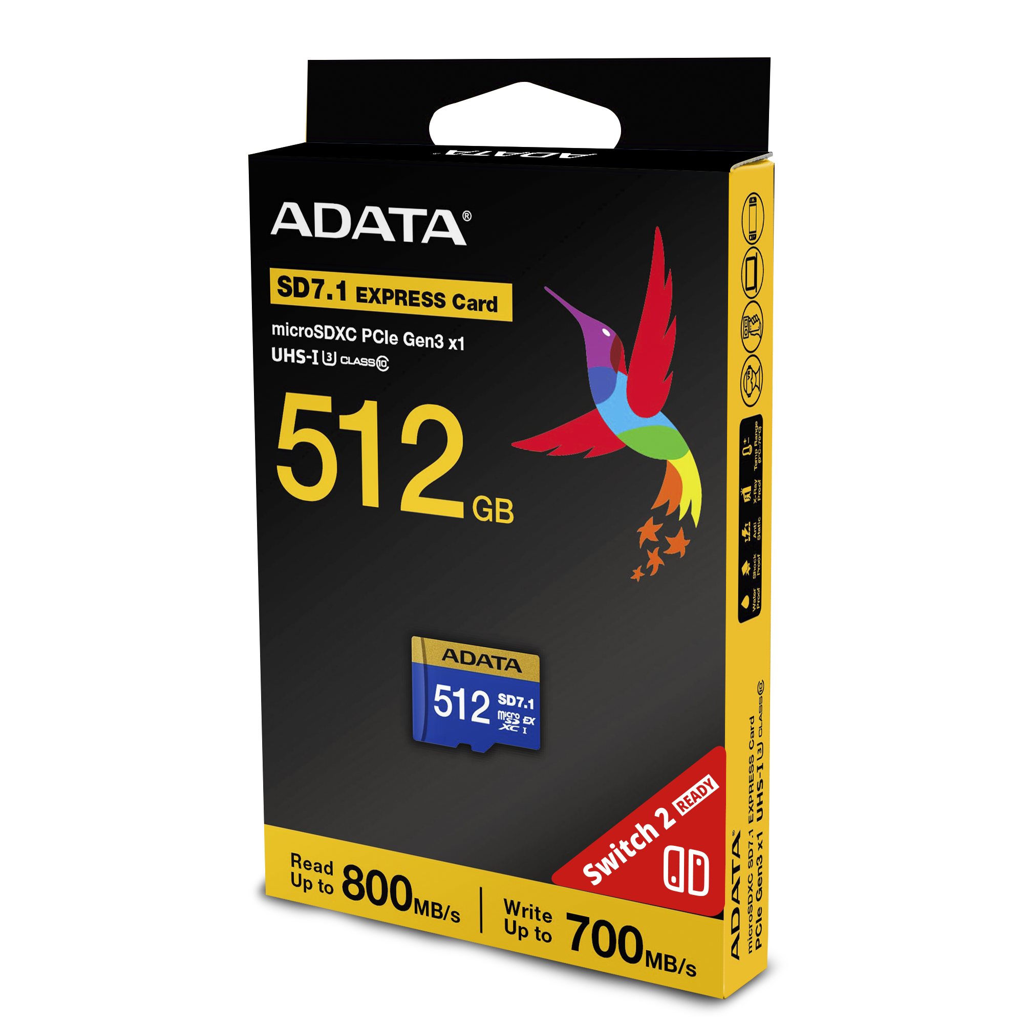 ADATA SD7.1 EXPRESS Card microSDXC PCle Gen3 x1 UHS-I CLASS 512 a 1 GB
ADATA 512 SD7.1 CLASS microSDXC PCle Gen3 x1 UHS-I
Switch 2 READY
Read Up to 800MB/s
Write Up to 700MB/s
