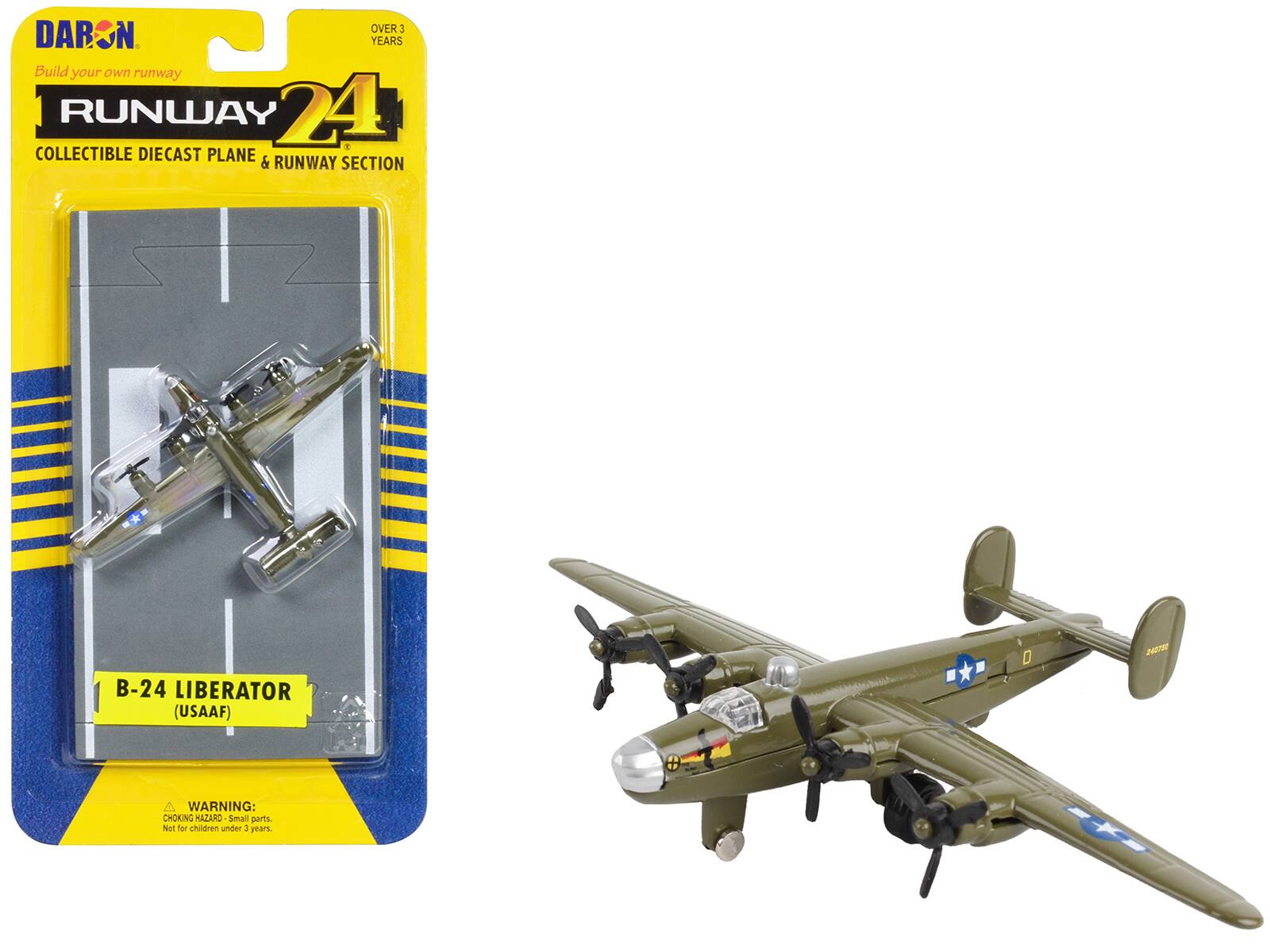 DARON  
Build your own runway  
RUNWAY 24  
COLLECTIBLE DIECAST PLANE & RUNWAY SECTION  

B-24 LIBERATOR (USAAF)  

WARNING: CHOKING HAZARD - Small parts. Not for children under 3 years.