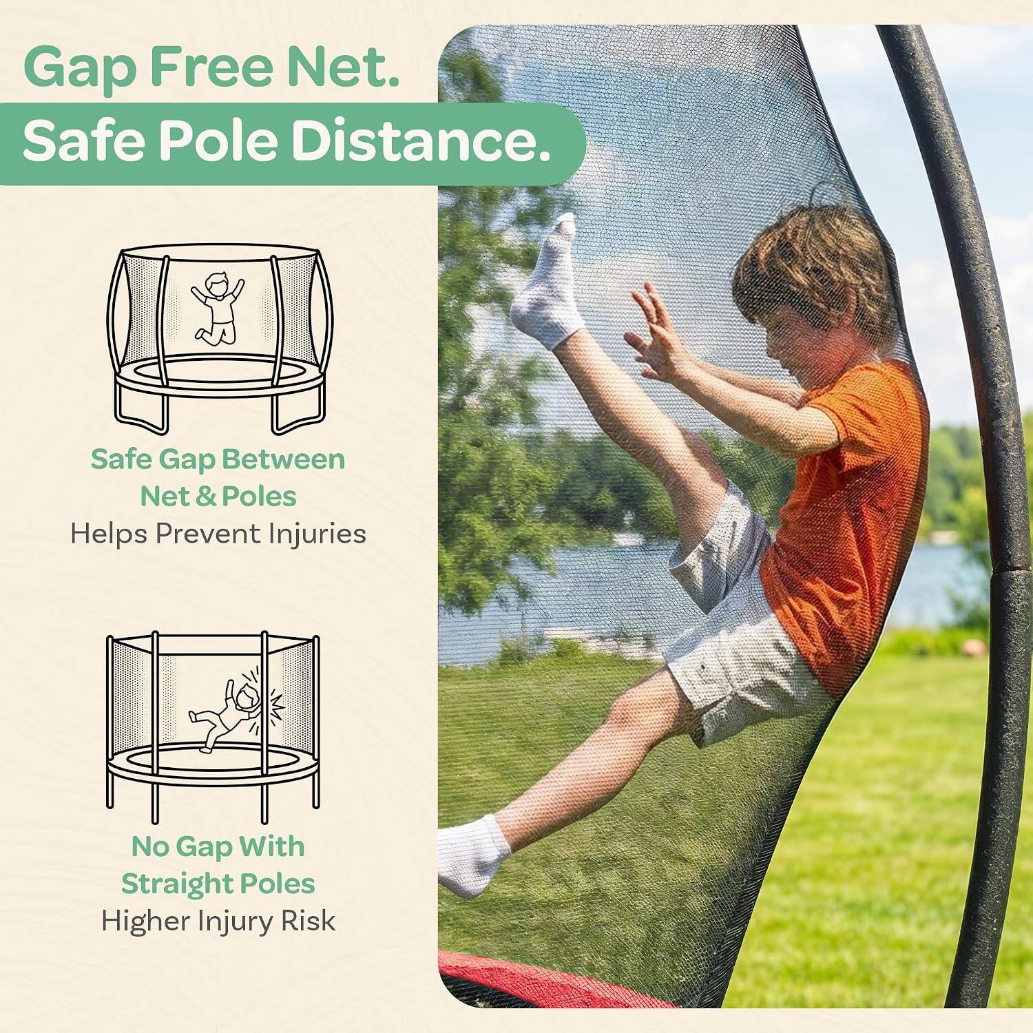 Gap Free Net.  
Safe Pole Distance.  

Safe Gap Between Net & Poles  
Helps Prevent Injuries  

No Gap With Straight Poles  
Higher Injury Risk